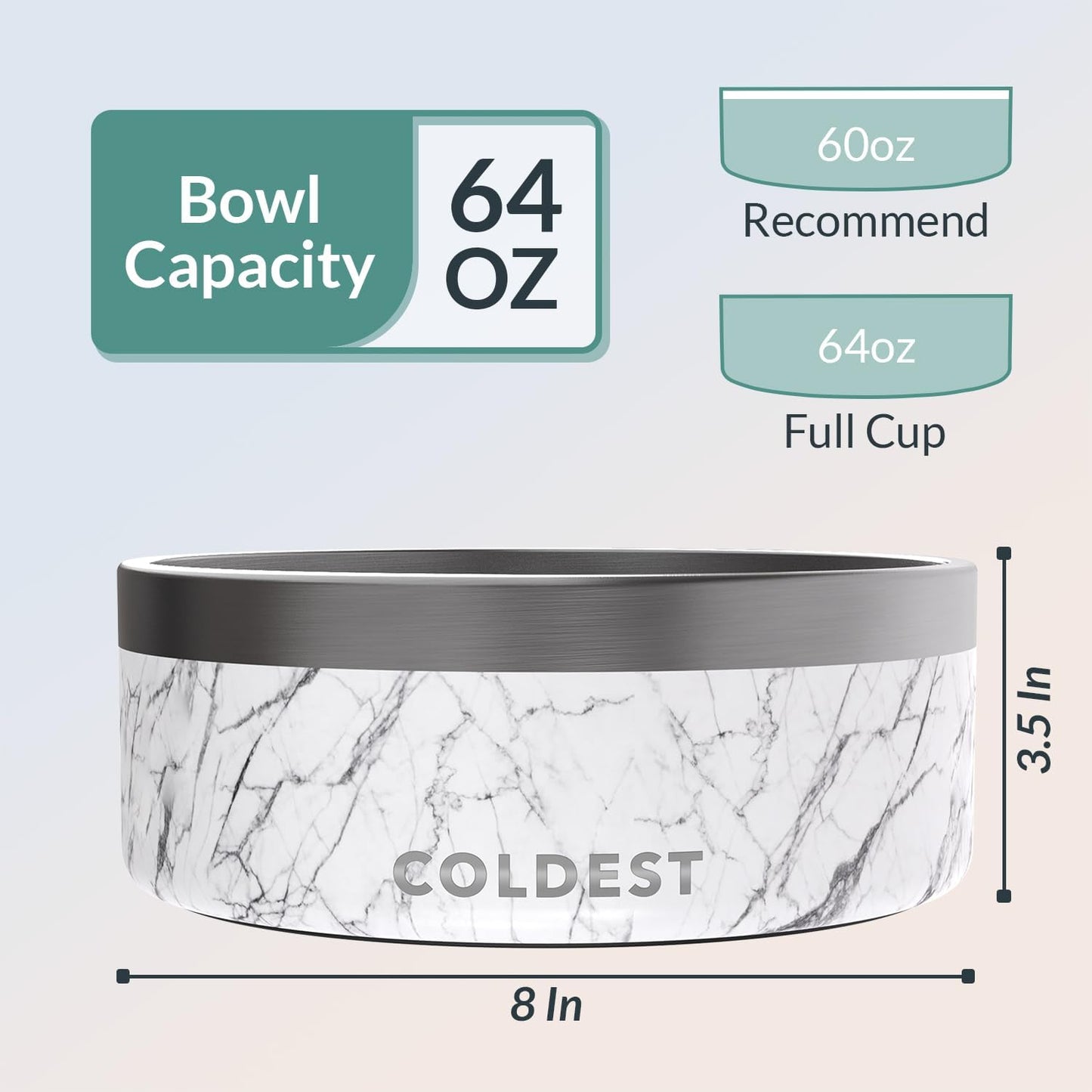 Coldest Dog Bowl - Anti Rust Metal, Non Slip, 3 Layers Insulated Stainless Steel Dog Bowls - Spill Proof & Heavy Duty - Water Bowl for Dogs, Cats & Pets, Dish Washer Safe (64 oz, Carrara Marble)