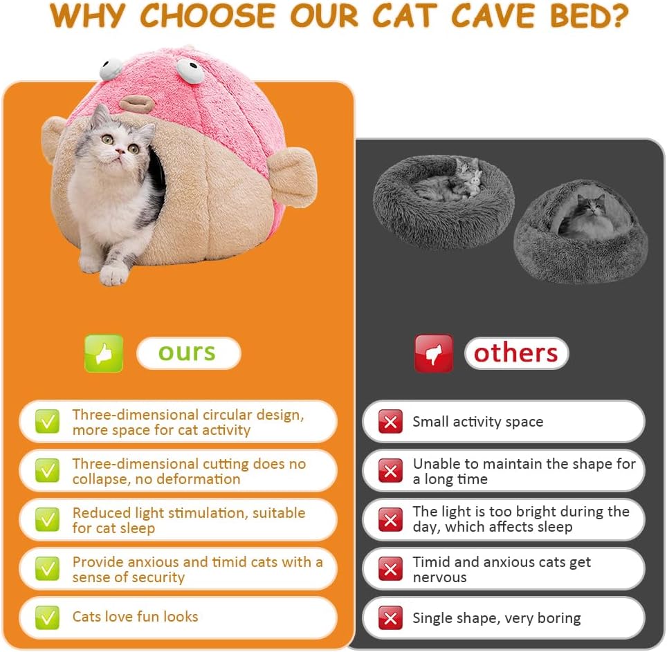Cat Beds for Indoor Cats - Cat Bed Cave with Removable Washable Cushioned Pillow, Soft Plush Premium Cotton No Deformation Pet Bed, Lively Pufferfish Cat House Design, Pink, Multiple Sizes(M)