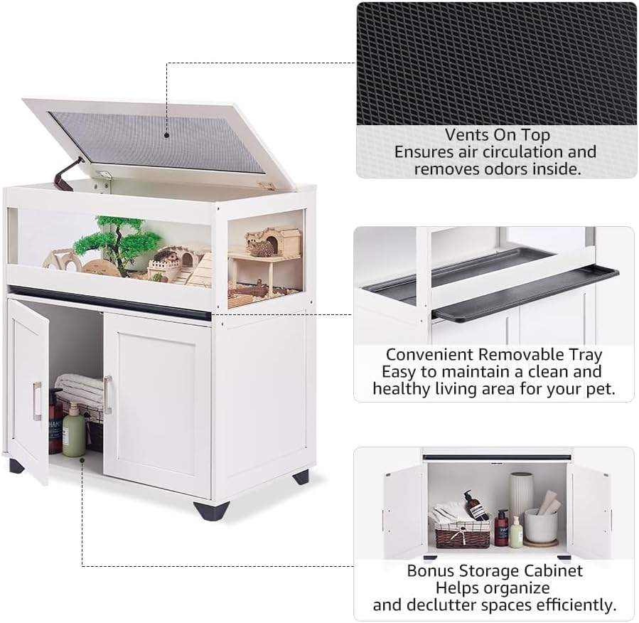 unipaws Hedgehog Cage with Storage Cabinet, Hamster Cage for Rat and Guinea Pigs, Clear Transparent PVC Visual Small Animal Cage with Tray, Hamster Enclosure, White