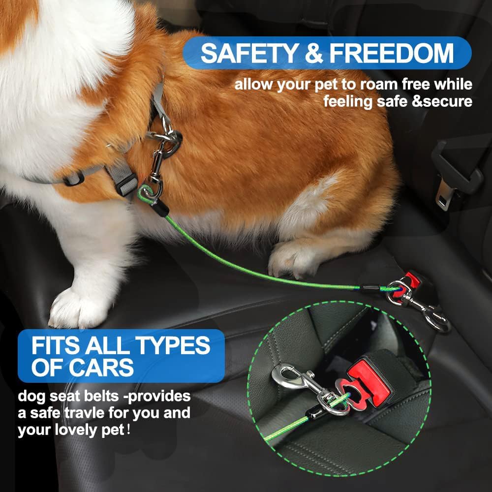 Dog Seat Belt Harness for Car,Dog Seatbelt of Coated Wire Leash Safety Restraint,No Chew Tether Cable Vehicle,Double Clips & Latch(Green, 16 inch/40 CM)