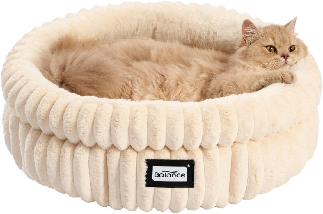 BALANCE Cat Bed Kitten Bed, Washable Round Cat Beds for Indoor Cats,Super Soft Plush Faux Fur Pet Bed for Puppy and Kitten with Anti-Slip Bottom