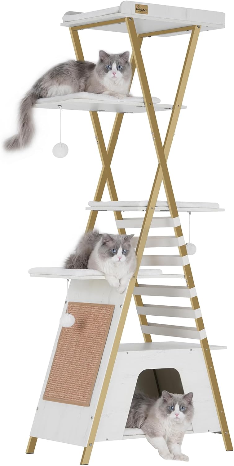 FourFurPets 72.4" Cat Tree, Modern Cat Tower for Indoor Cats, Multi-Level Cat Condo with Caves, Tall Cat Tree with Cat Scratching Board, Wooden Cat Tower with Large Perch, Removable Pads, White