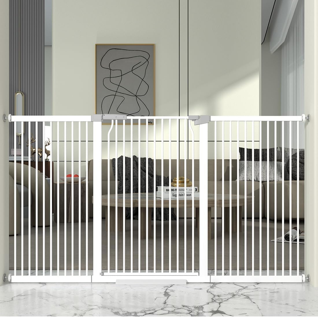 41" Extra Tall and Wide Baby Gate, 72.3-74" Wide Pet Cat Gate for Doorway, Extra Wide Pressure Mounted Child Door with Expansion Kit, Metal Safe Gate, Tall Dog Gate, White