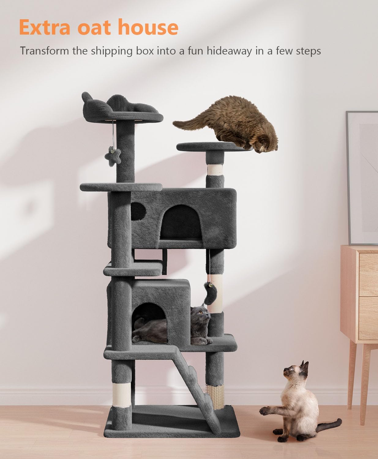 54" Cat Tree Tower for Indoor Cats Large Adult,Cute/Tall Modern Cat Tree for Big Cats 20 lbs, Plush Multi-Level Cat Condo with Scratching Posts,Hammock, Dangling Ball (Smoky Gray, 54 inch)