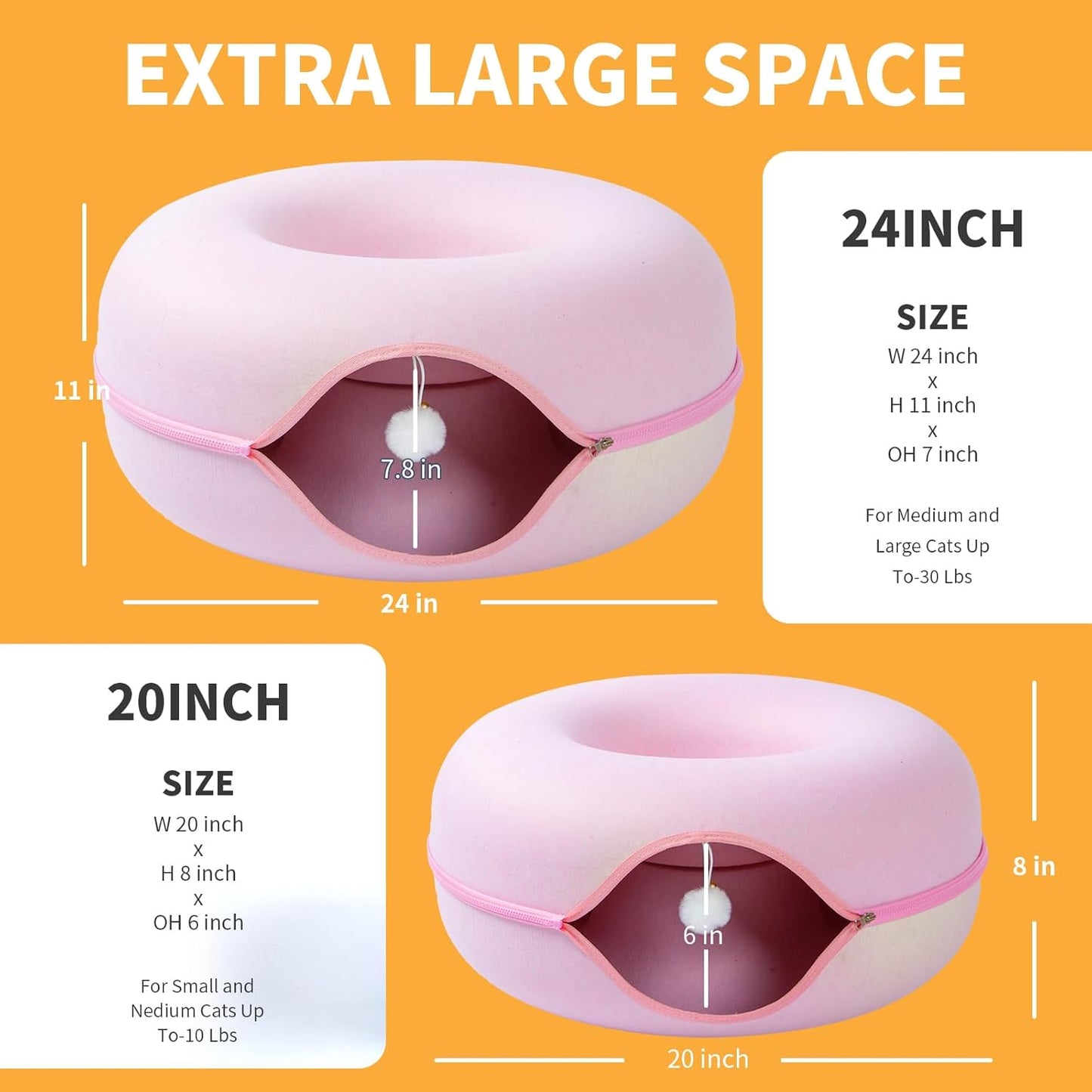 Jia Xi Cat Tunnel Bed & Hideout - Large Indoor Cat Condo & Cave (24 inch, Pink)