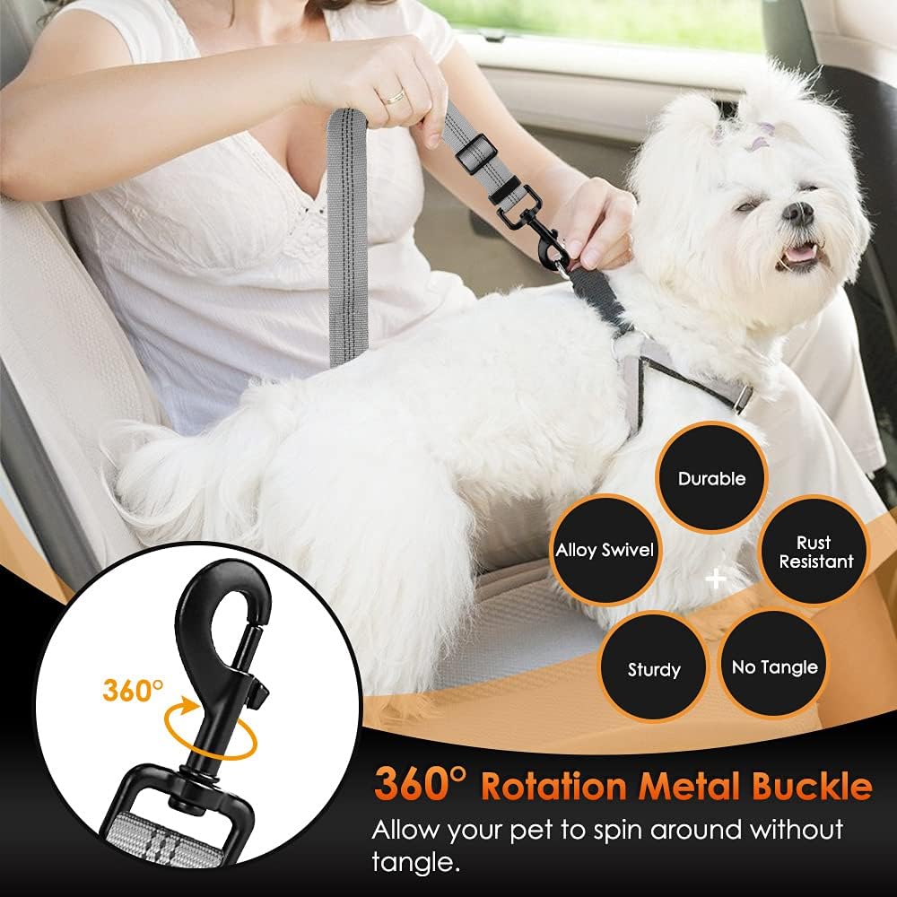 SlowTon 2 Pack Dog Seat Belt, 2 in 1 Attachment, Hook Latch Bar or Seatbelt Buckle with Elastic Nylon Bungee Buffer Adjustable Reflective Nylon Safety Belt Tether Connect to Dog Harness (2pack-GY)