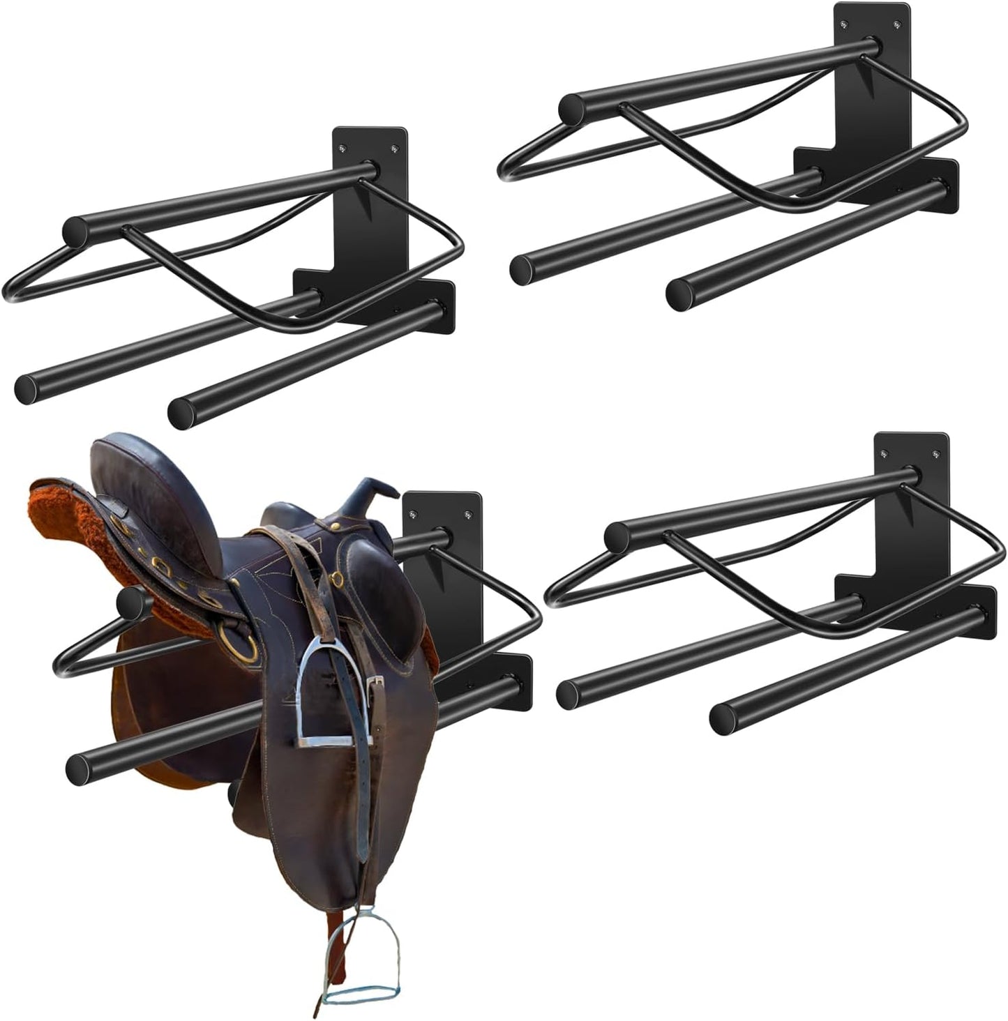 4 Sets Wall Mounted Saddle Rack With Double Pad Bar - Heavy Duty Stand for English and Western Saddles - 23.8x12.6x7.5 Inches