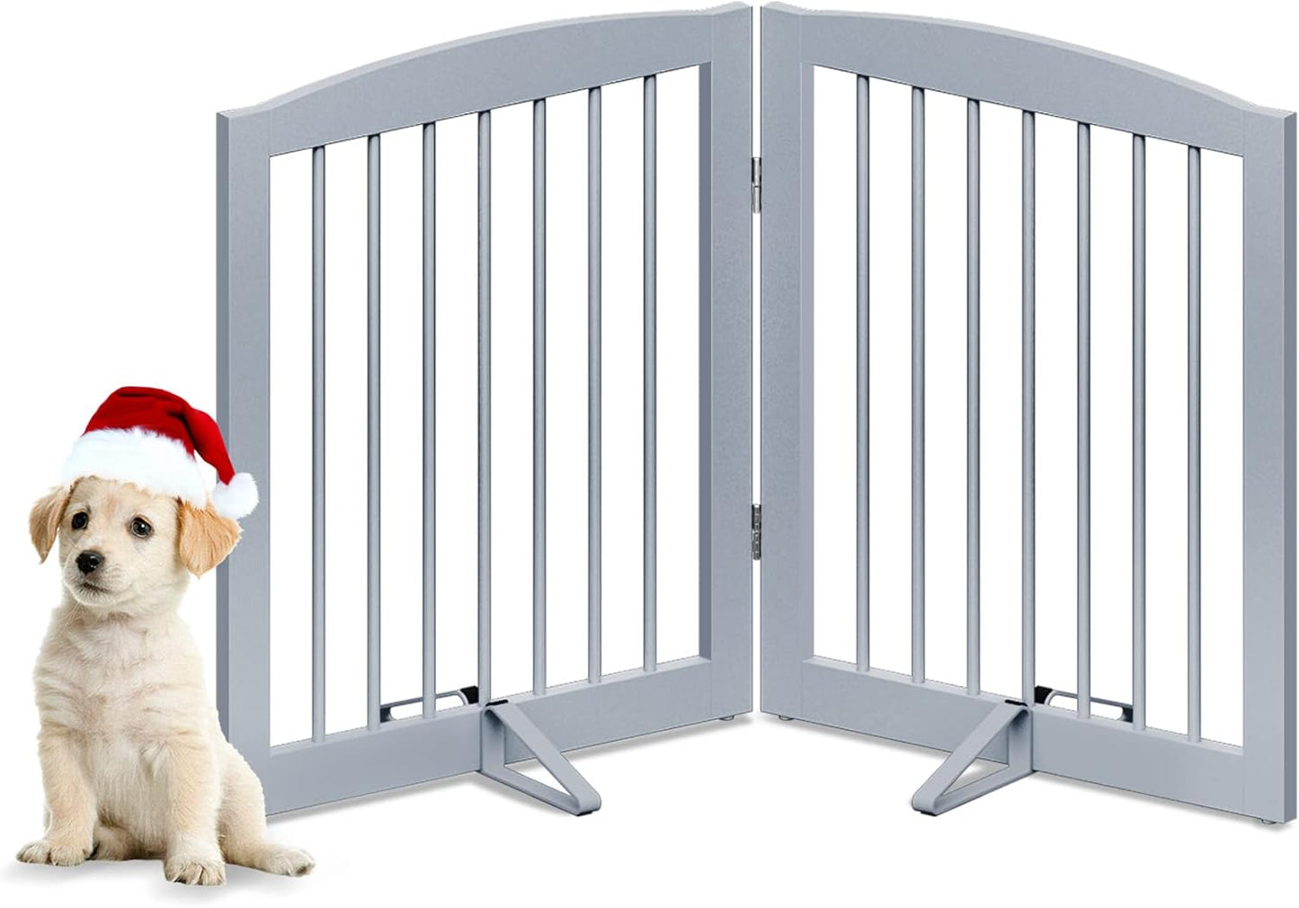 Freestanding Pet Gate for Dogs, Foldable Wooden Dog Gate for House, Indoor Pet Barrier for Stairs, Doorways, Support Feet Included, 24" Height 2 Panels, Grey