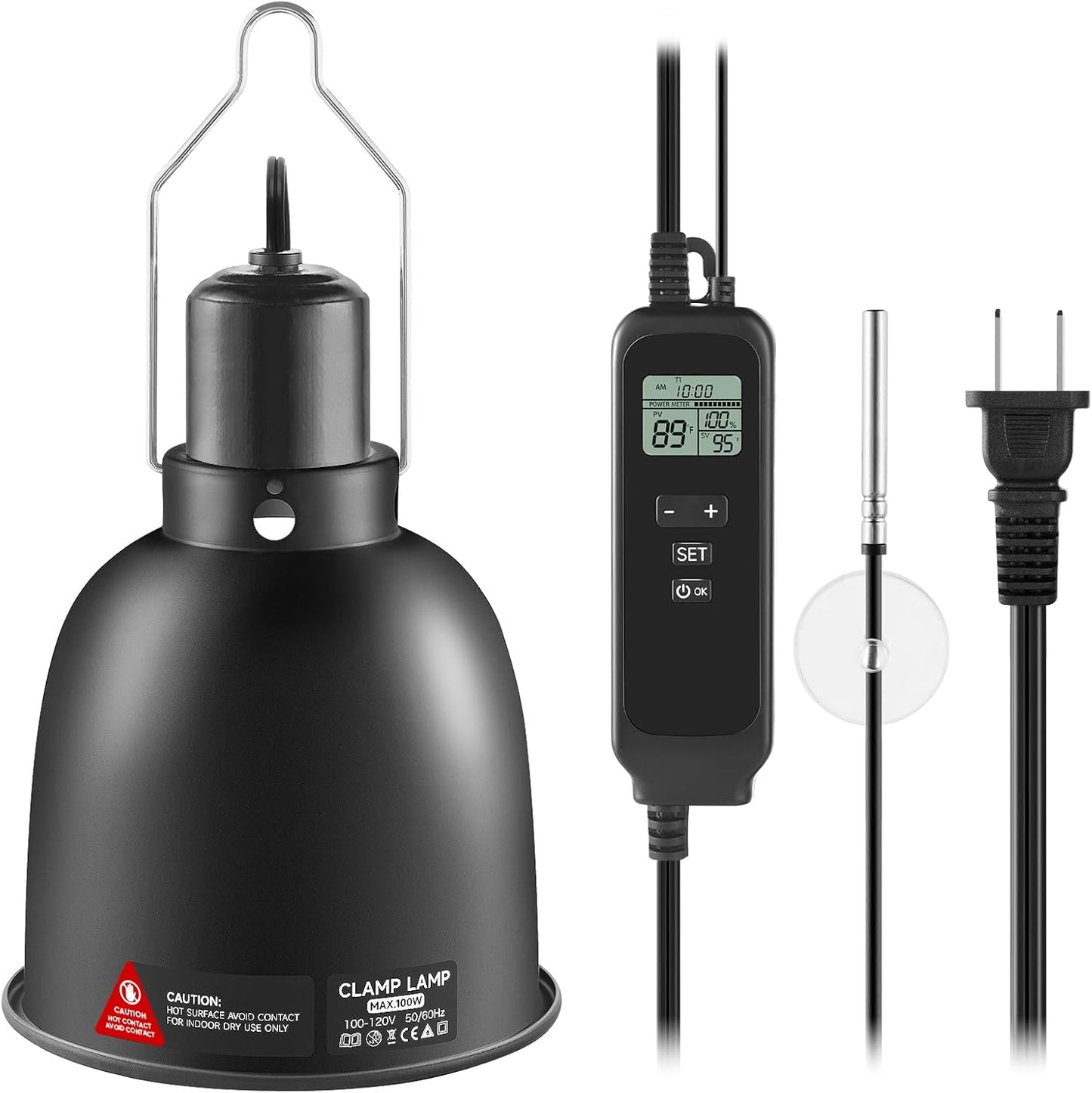 5.5 inch Reptile Heat Lamp Fixture with Thermostat and Timer,Reptile Light Fixture with Dimming Thermostat Max 100W,PID Temperature Controller for UVB Lights,Basking Heat bulbs and Terrariums