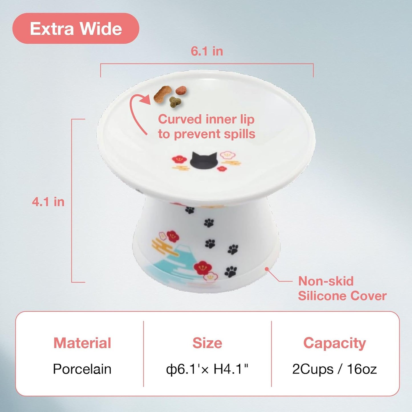 Necoichi Raised Cat Food Bowl – Ceramic Elevated Cat Bowl for Whisker & Neck Fatigue, Dishwasher Microwave Safe – Non-Slip & Anti Vomiting Ergonomic Design (Fuji, Extra Wide)
