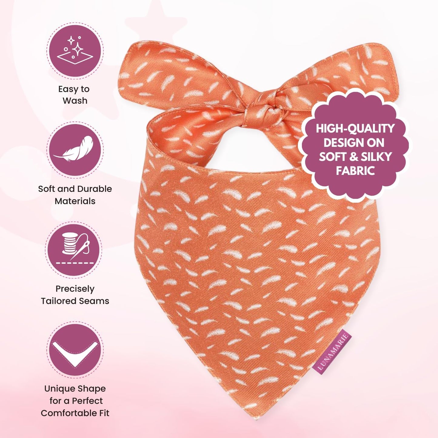 LunaMarie - Luxury Pet Birthday Bandanas -Premium & Silky Poly Fabric | 100% Handmade | Custom Shape Dual Layered (Orange Feathers, Medium)
