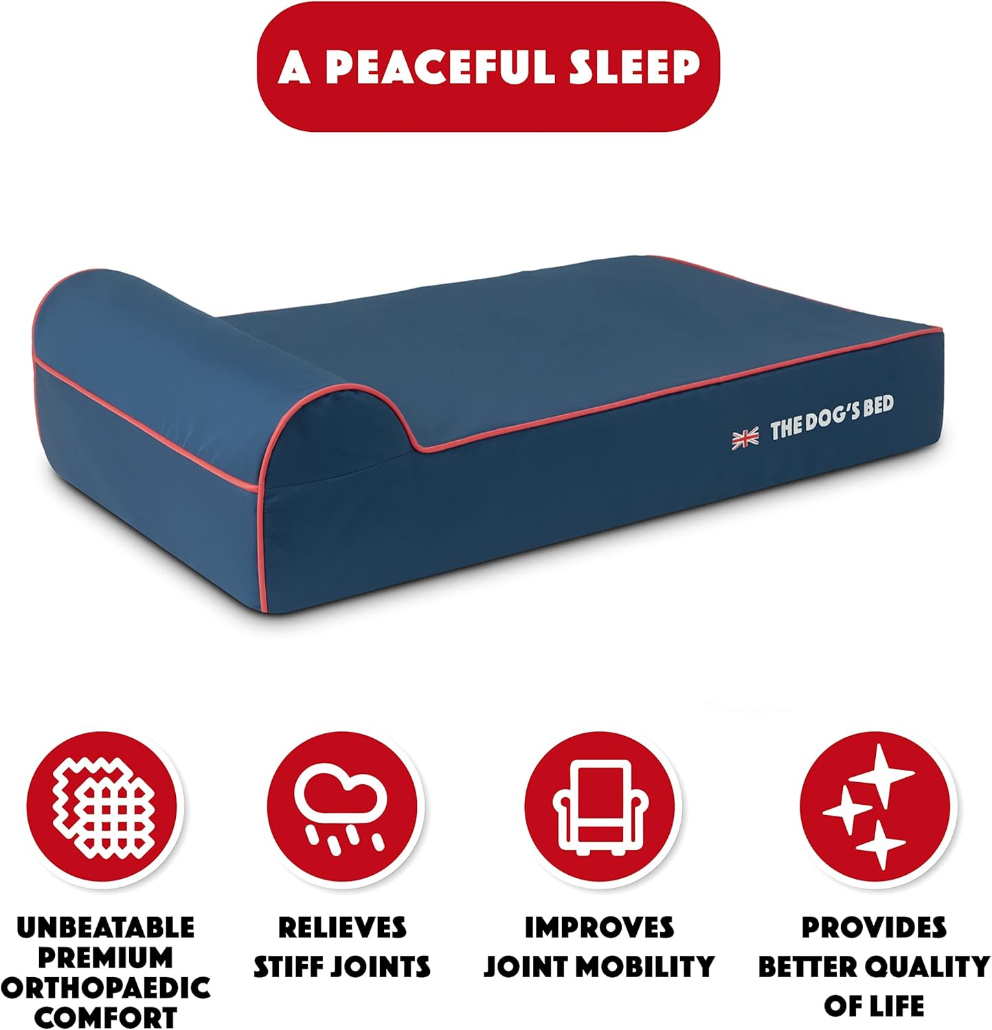 The Dog’s Bed Orthopedic Headrest Dog Bed Large Blue Oxford with Red Trim UK Flag Dog Bed 40x25, Memory Foam, Hip & Elbow Dysplasia, Post Surgery Veterinary Approved, Waterproof Washable Cover