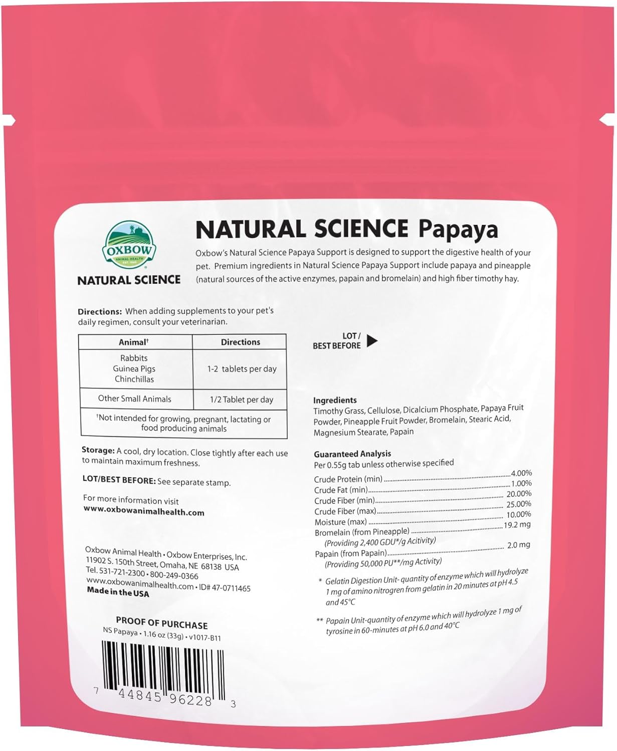 Oxbow Animal Health Papaya Support, High Fiber Digestive Supplement for Rabbit & Guinea Pig, Made with Timothy Hay, Includes Papaya, Pineapple, Papain, & Bromelain, Made in USA, 1.16 oz Bag