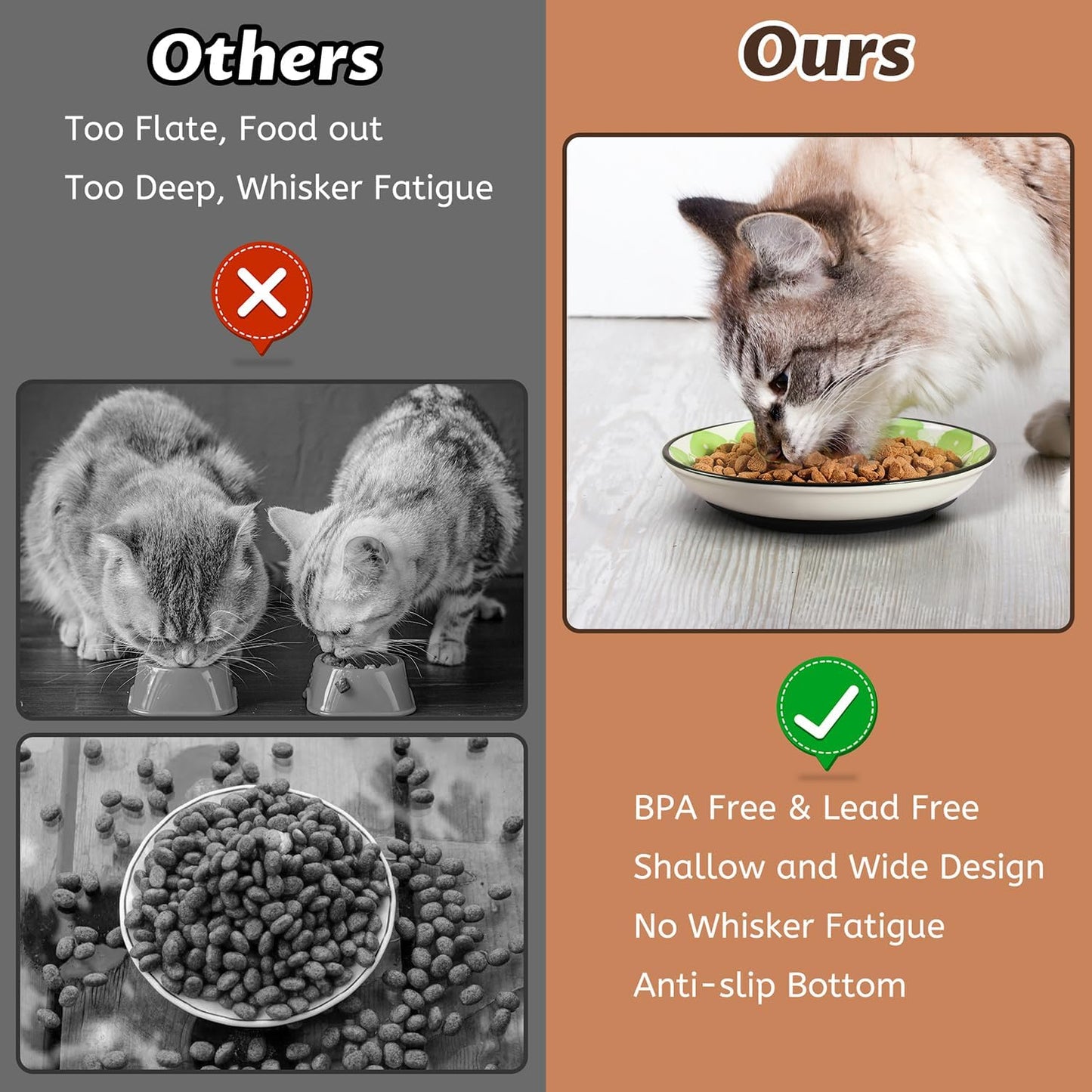 Non-Slip Cat Bowl,Ceramic Cat Food Bowls with Silicone Bottom, Anti-Whisker Fatigue Cats Dishes Set, Shallow & Wide Kitten Plates for Food and Water, 4 Pack