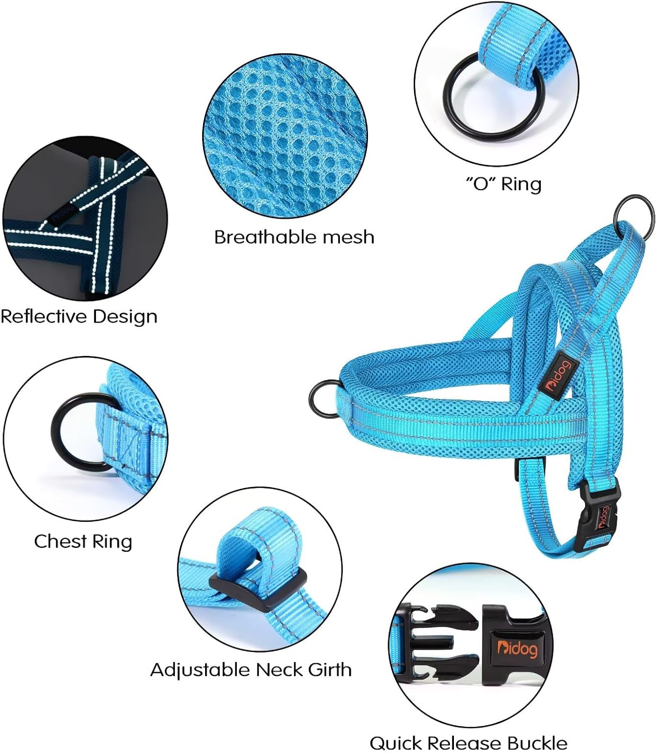 Didog No Pull Dog Harness with Soft Mesh Padded,Reflective & Quick Fit Light Weight Dog Strap Vest Harness,Easy for Walking Training (L:Chest 26-32", Mesh-Blue)