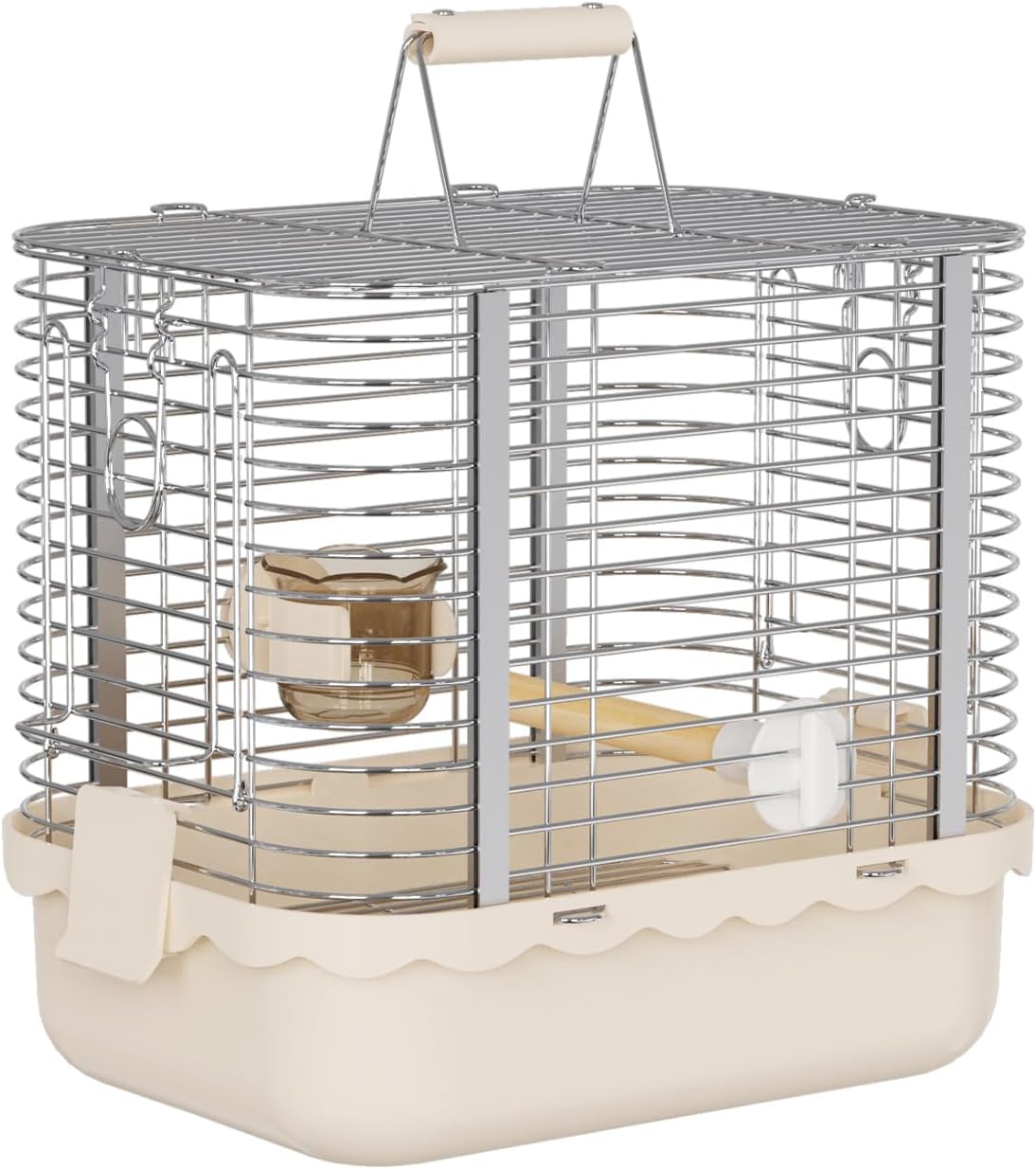 Bird Carrier Travel Cage, Durable Portable Stainless Steel Birdcage with Bird Perch & Feeding Bowl for Parrots Canaries Budgies Lovebirds Conures Cockatiels (Small Light Brown)