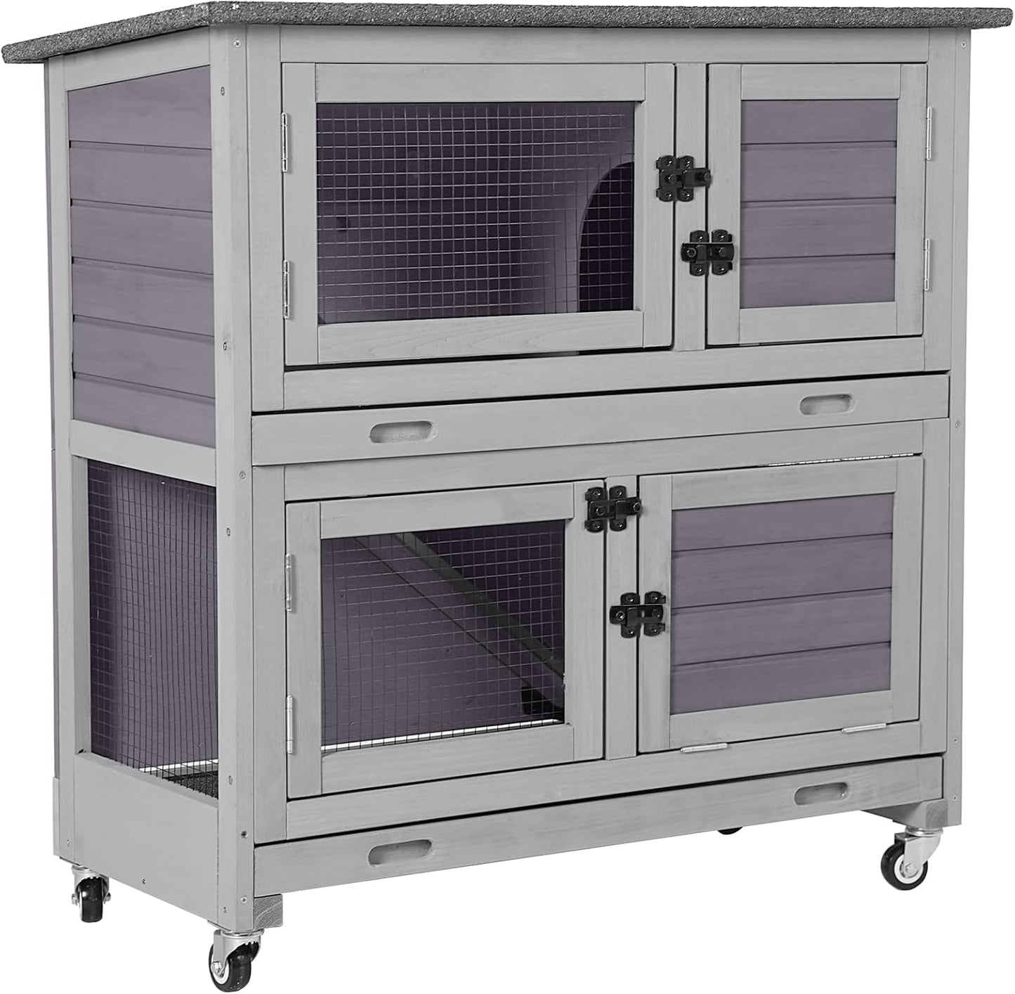 Aivituvin 2-Tier Rabbit Hutch with Tarp Door and Wheels Bunny Cage Indoor Outdoor Guinea Pig Cage Expandable with Pet Playpen 36" L, Grey