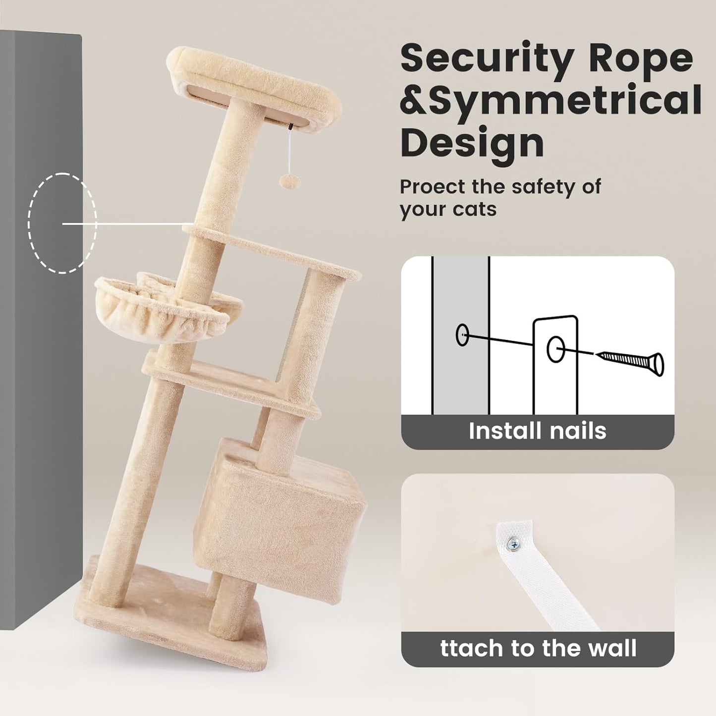 Gardner Pet 65in Heavy Duty Cat Tree Tower for Large Cats, Multi-Level Cat Furniture with Replaceable Sisal Scratching Post, Hammock | Extra-Large Platform & Condo (Upgraded Beige)