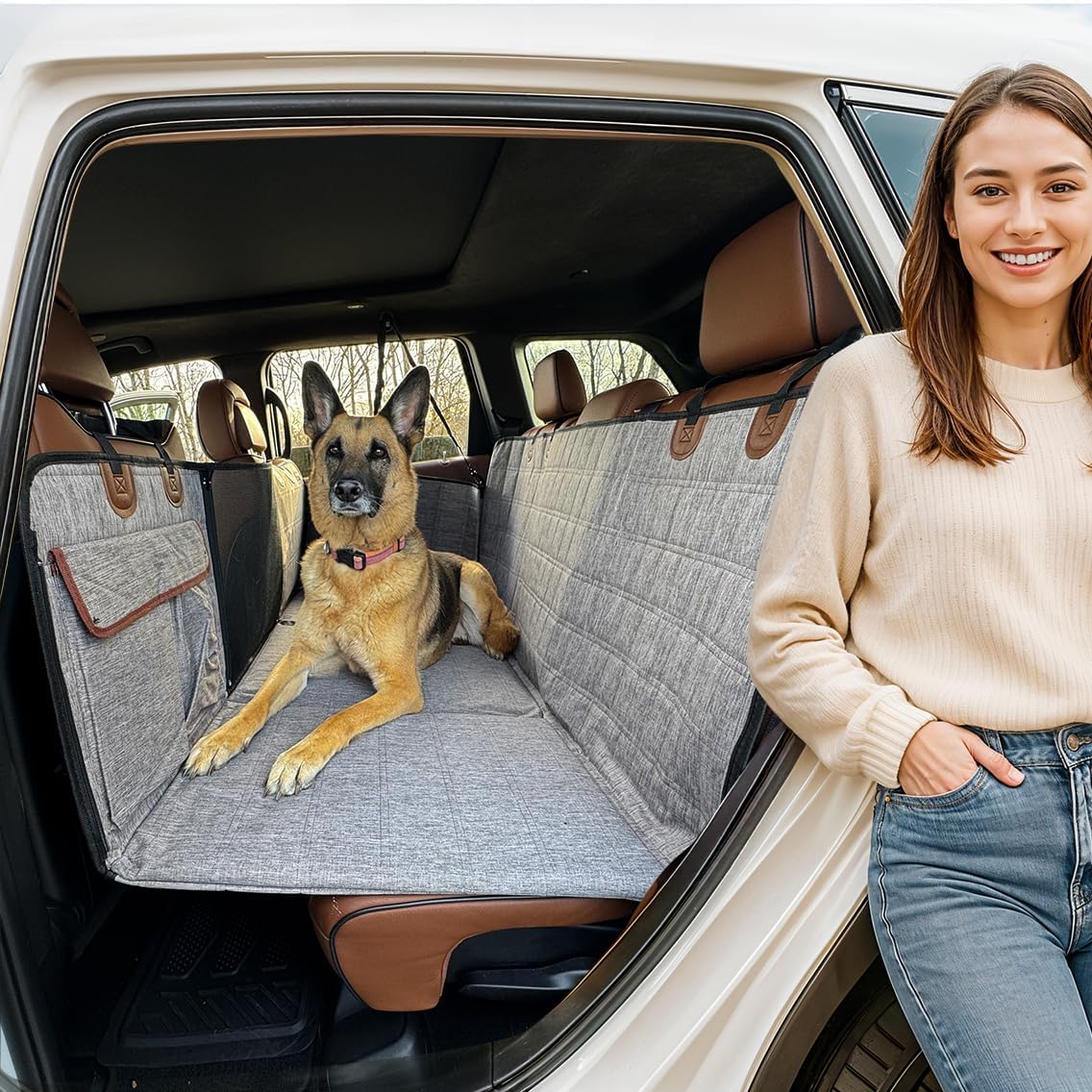 APetsPlanet Dog Car Seat Cover for Back Seat Hard Bottom - Waterproof Backseat Extender for Dogs - Pet Hammock for Car, Truck, SUV - Protector Bed with Mesh Window & Storage - Gray, with Door Covers