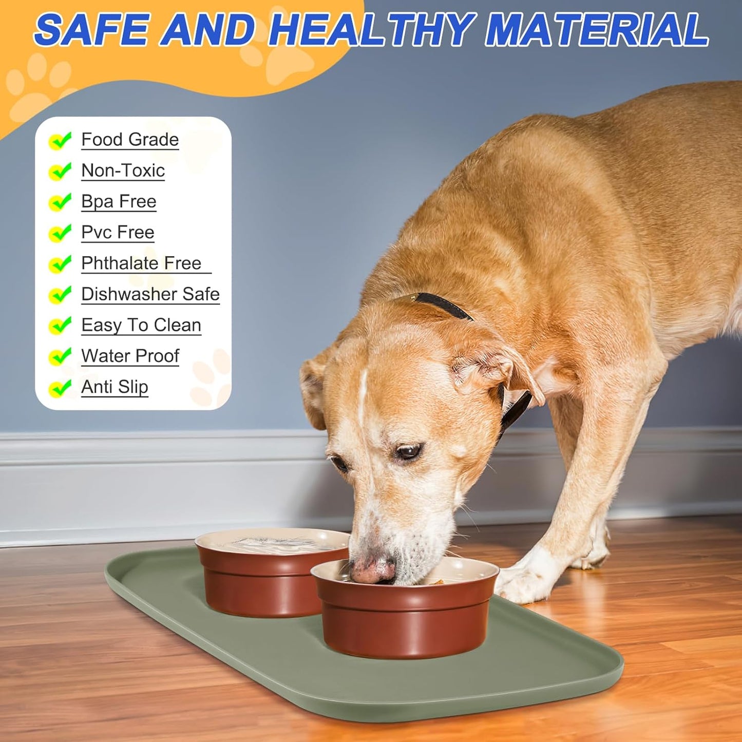 Silicone Pet Feeding Mat with Raised Edge for Food and Water, Dog Bowl Mats, Cat Bowls Placemat with High Lip for Floor Waterproof, Rubber Tray for Cats and Dogs 22 x 14 x0.8 Light Olive Green