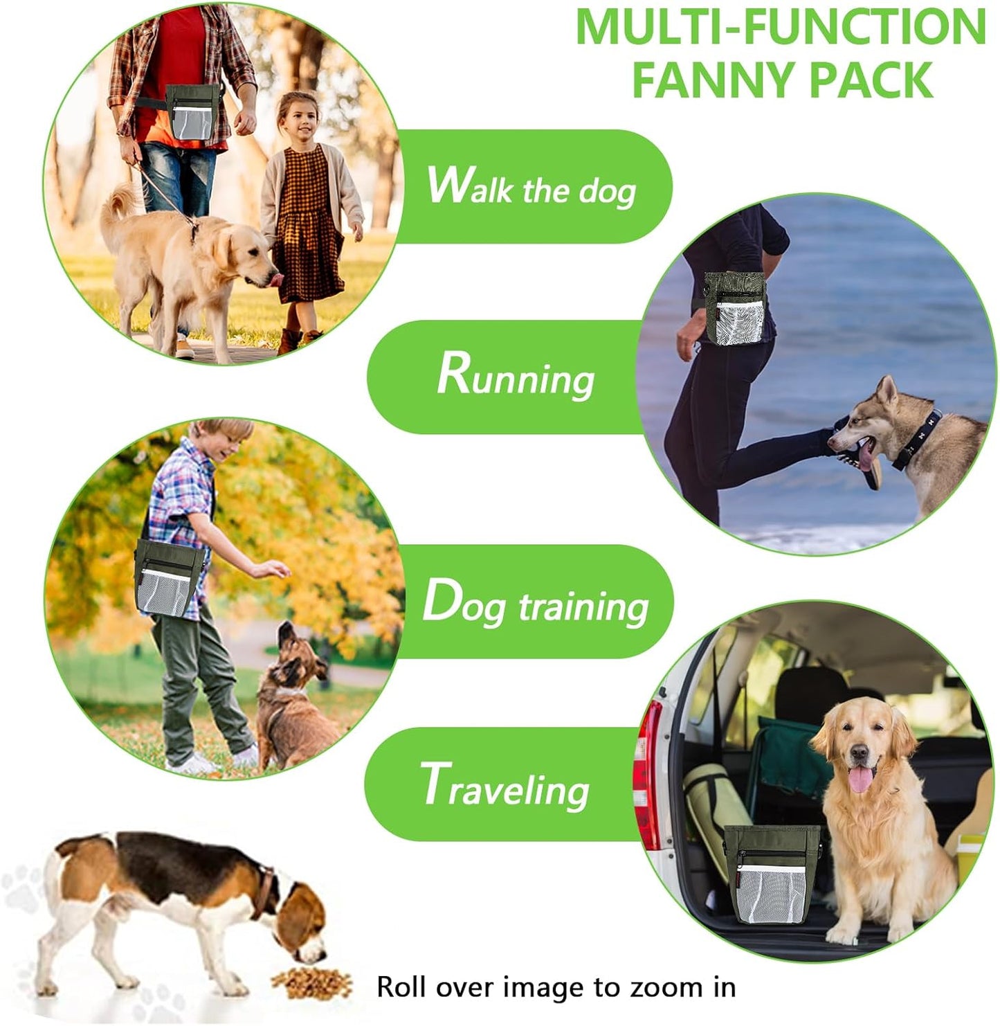 Dog Treat Pouches for Pet Training with Magnetic Closure Treat Pouches for Pet Training,Large Dog Treat Training Pouch and Dog Clicker,Training Treat Pouch Built-in Poop Bag Dispenser-Green