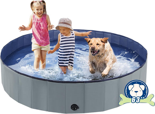Foldable Dog Bath Swimming Pool 63'' Plastic Kiddie Pool Professional Tub Collapsible Grooming Bathtub for Pets Kids Baby and Toddler, 63 x 12 Inches Gray