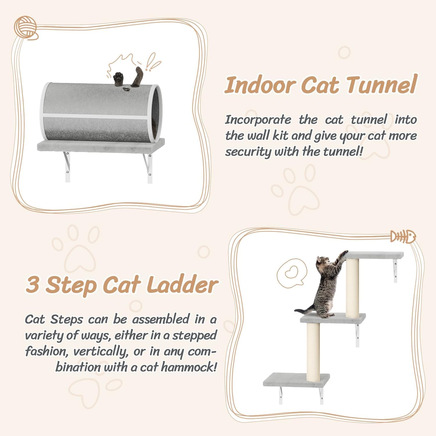 NUNU LAB Wall Mounted Cat Furniture, 7 Pcs Cat Wall Shelves with House, Tunnel, Bridge, Steps, Scratcher, Hammock, Bed, Indoor Safe & Stable Furniture for Kittens Play, Gray