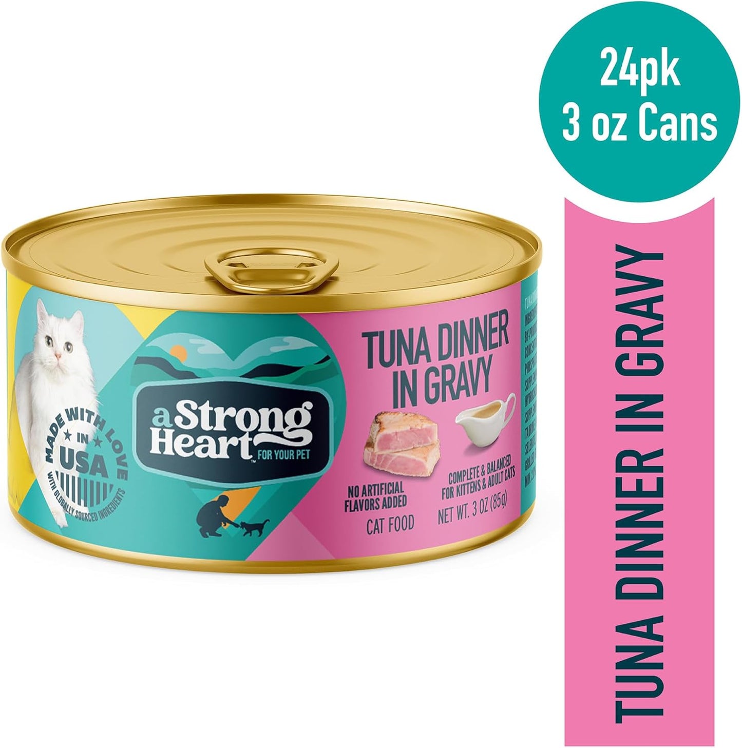 A Strong Heart Canned Wet Cat Food, Tuna Dinner in Gravy - 3 oz Cans (Pack of 24), Made in The USA with Real Tuna
