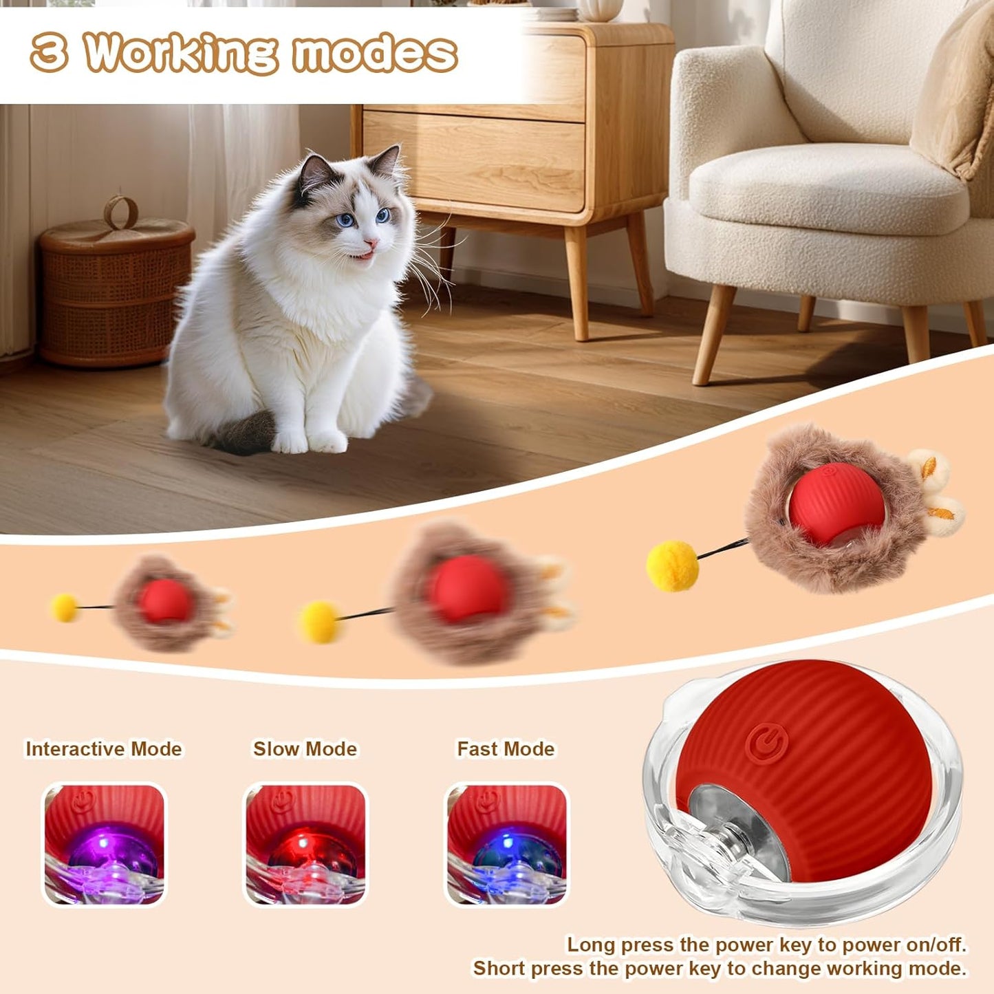 Rocfish Interactive Cat Toys Ball - Automatic Fast Rolling Ball in Play Mat, Hide and Seek Mouse Catching Game, Low-Noise Cat Enrichment Toys in Pouch for Indoor Bored Cats (Red Toy & Round Mat)