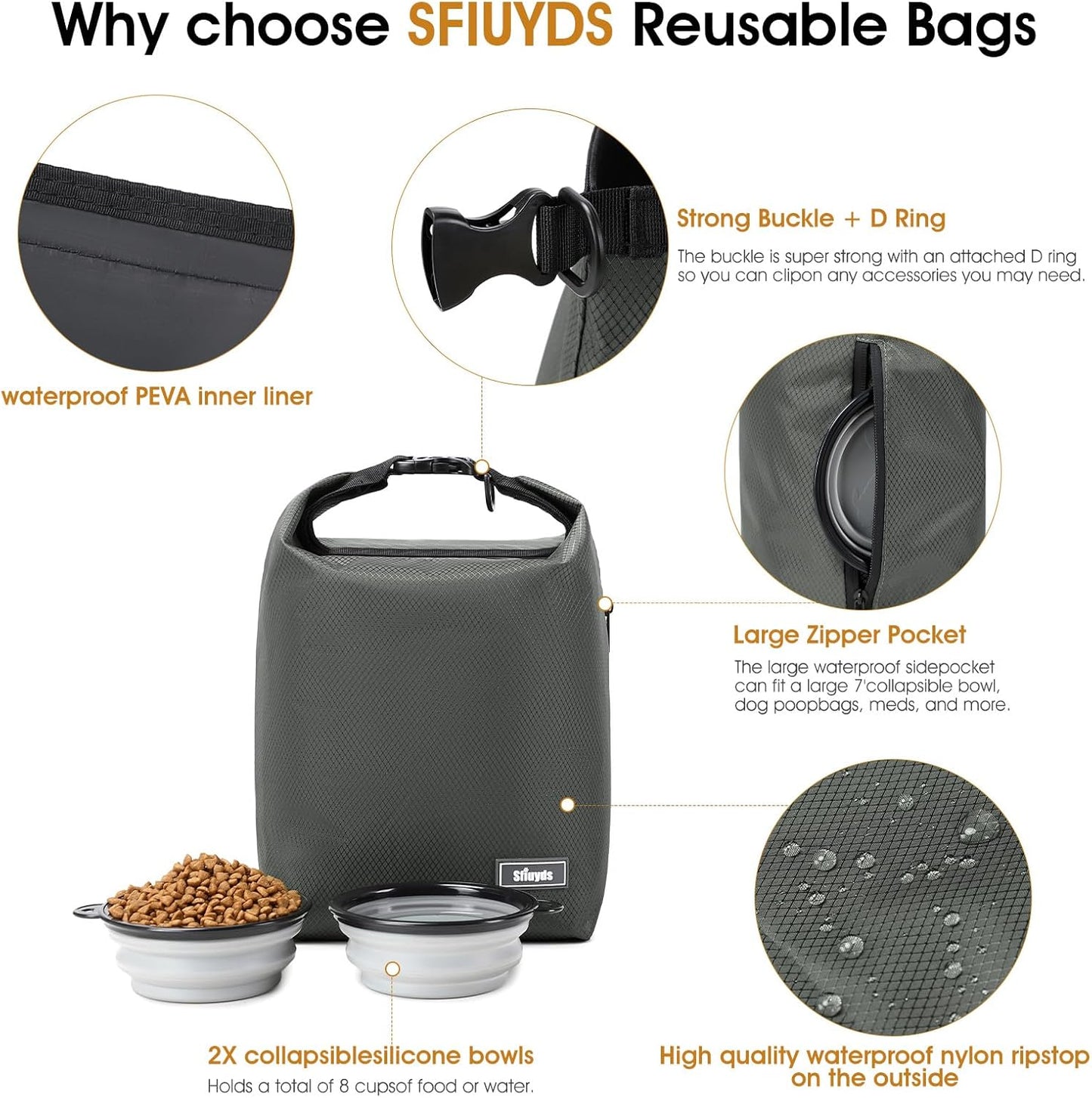 Waterproof Pet Food Storage Bag,Dog Food Container 12 lb w/2PCS Collapsible Dog Travel Bowls and Zipper Side Pocket(Gray, Small)