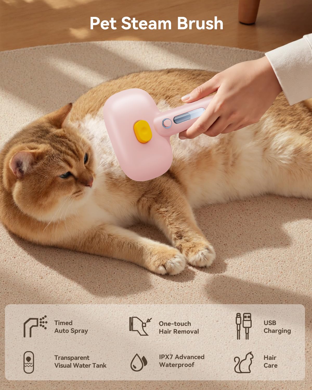 ROJECO 3-in-1 Pet Steam Brush for Cats&Dogs - Detangling Comb with Adjustable Mist, Handheld Deshedding Grooming Tool for Long/Short Hair, Massage Brush & Shedding Control Gift,Cordless,Pink