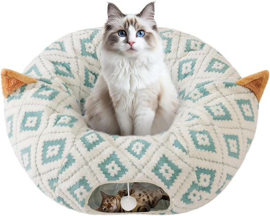 Cat Tunnel Bed with Soft Cushion, Cat Donut Tunnels for Indoor Cats, Peekaboo Cat Cave Toy, Multifunctional Playground Toys for Kittens, Rabbit, Blue Jacquard Pattern