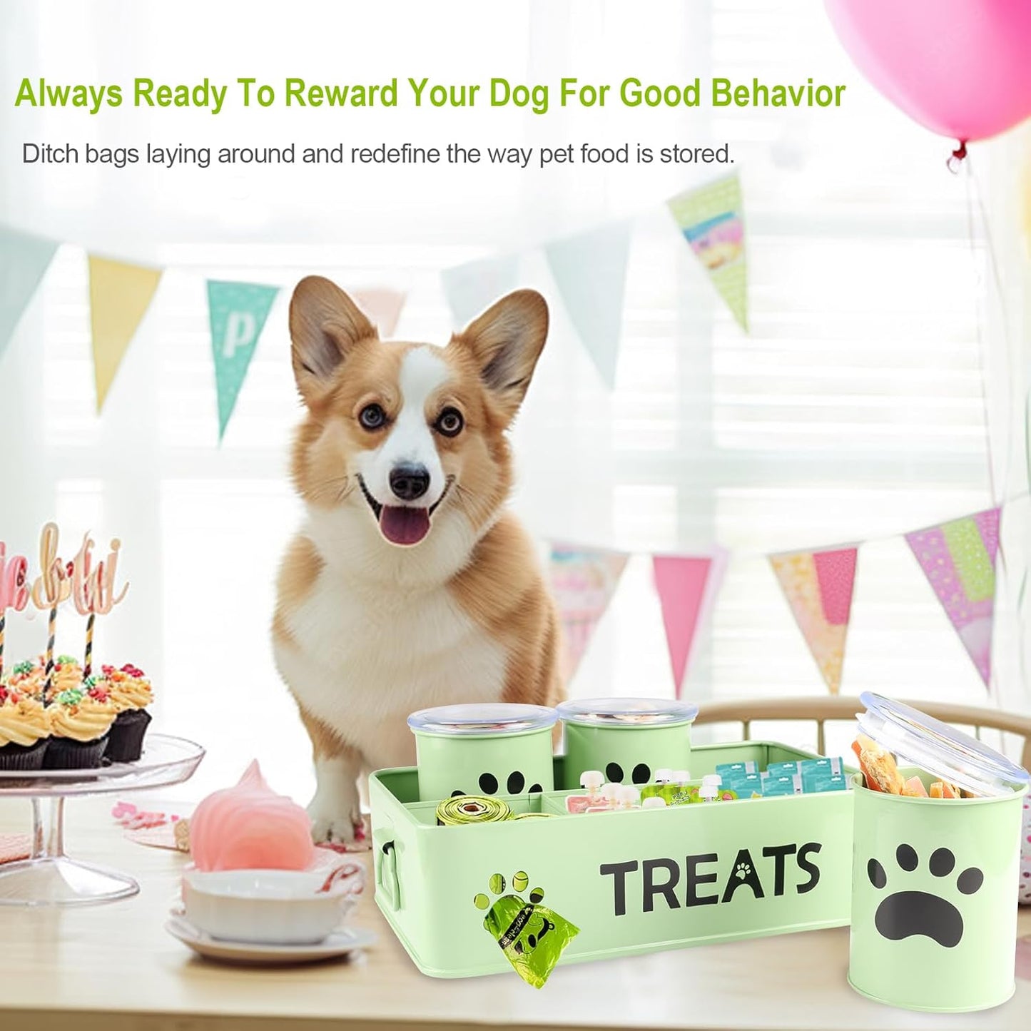 28oz Metal Dog Treat Container Set of 3,Dog Treat Jars with Airtight Lids,Cat Treat Jar,Dog Treat Canister for Countertop,Coated Galvanized Steel Dog Treats Station-Green