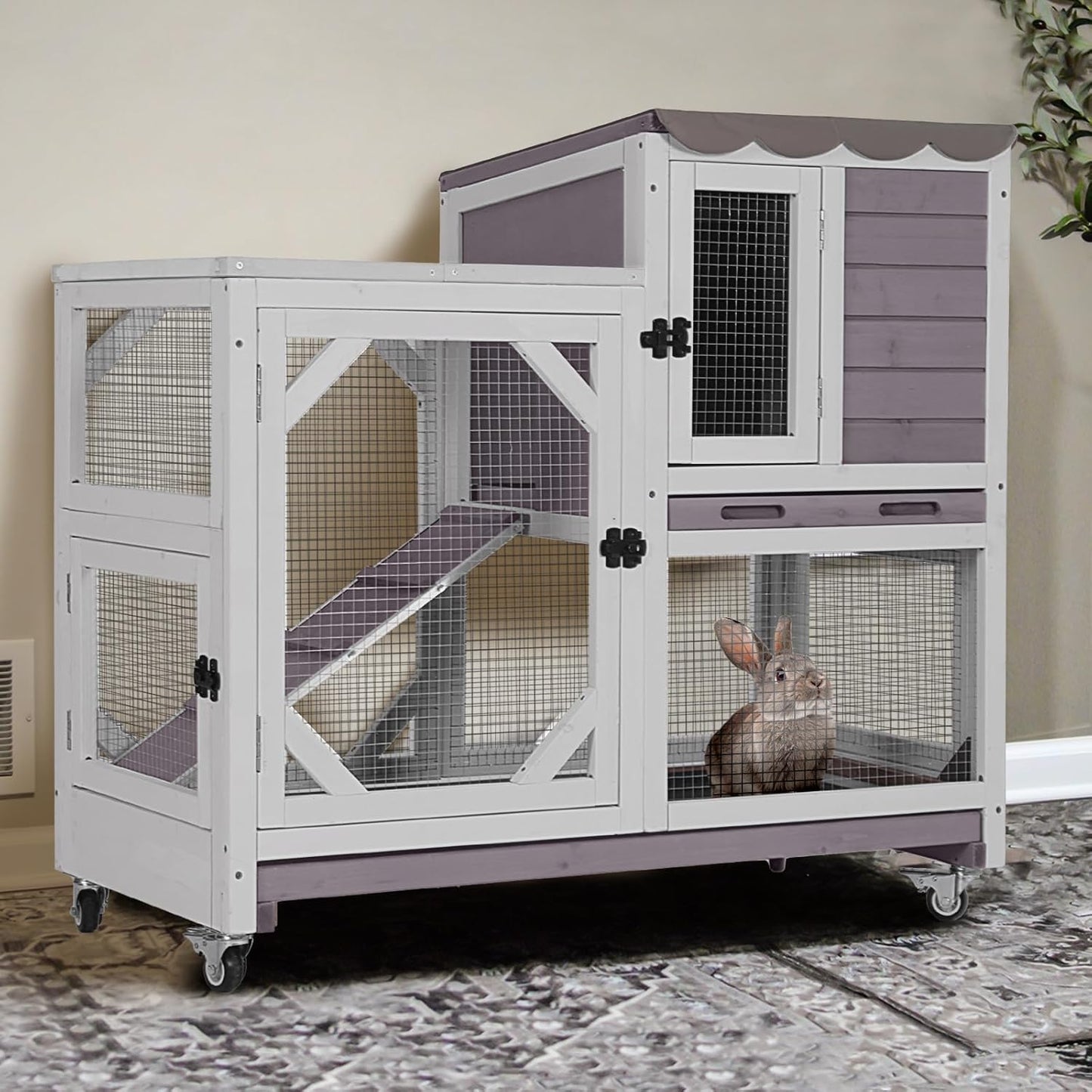 GUTINNEEN 2-Story Rabbit Hutch Indoor with Chew-Proof Design & Slide-Out Trays - Wooden Small Animal Cage Guinea Pig Cages with Lockable Wheels for 2-3 Rabbits, Bunnies, Guinea Pigs (Grey)