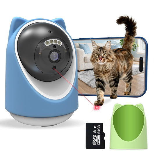 Miykuhok Pet Camera, 2K HD Indoor Dog and Cat Camera with Auto-Tracking & Laser Toy, Home Security Camera with Motion Detection, 2-Way Audio, Night Vision（64GB SD Card）