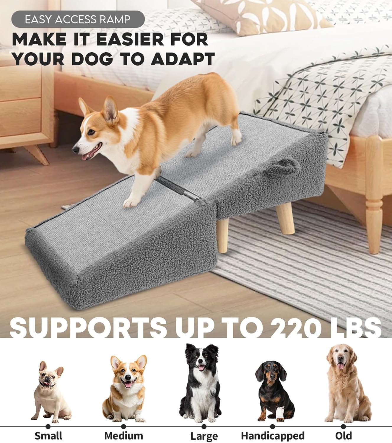 Dog Stairs for Small Dogs and Cats – 2-in-1 Dog Ramp for Bed and Couch, 16.5'' Foldable Wooden Pet Steps, Sturdy Multi-Use Split Ottoman Design, Dark Grey