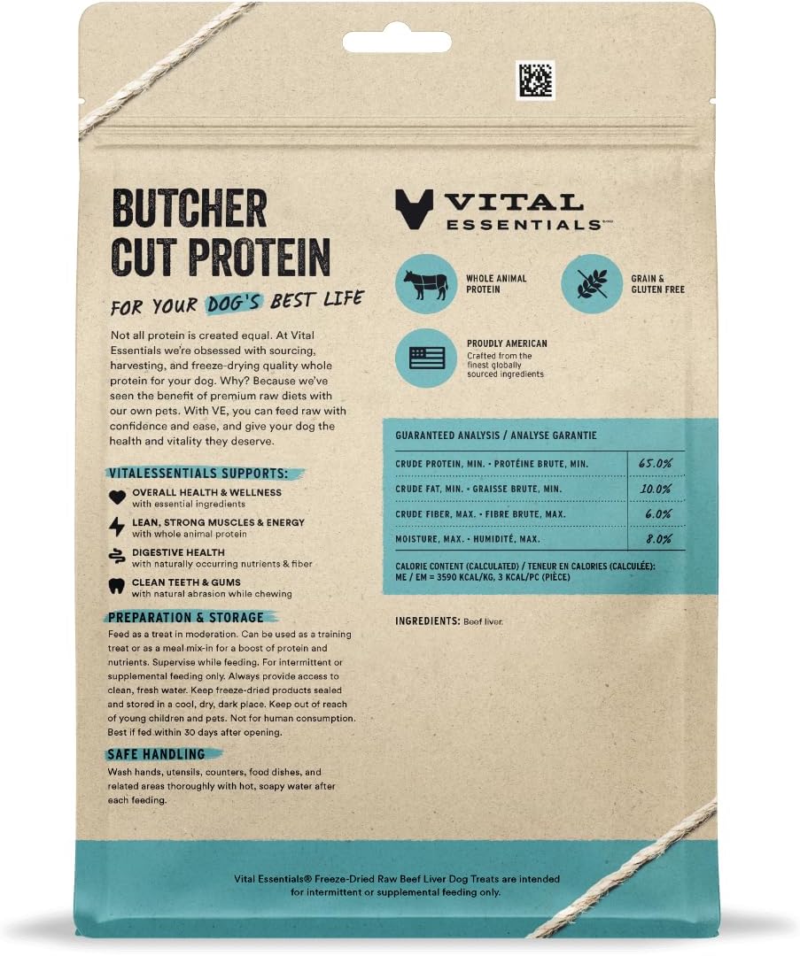 Vital Essentials Beef Liver Dog Treats, 15 oz | Freeze-Dried Raw | Single Ingredient | Premium Quality High Protein Training Treats | Grain Free, Gluten Free, Filler Free