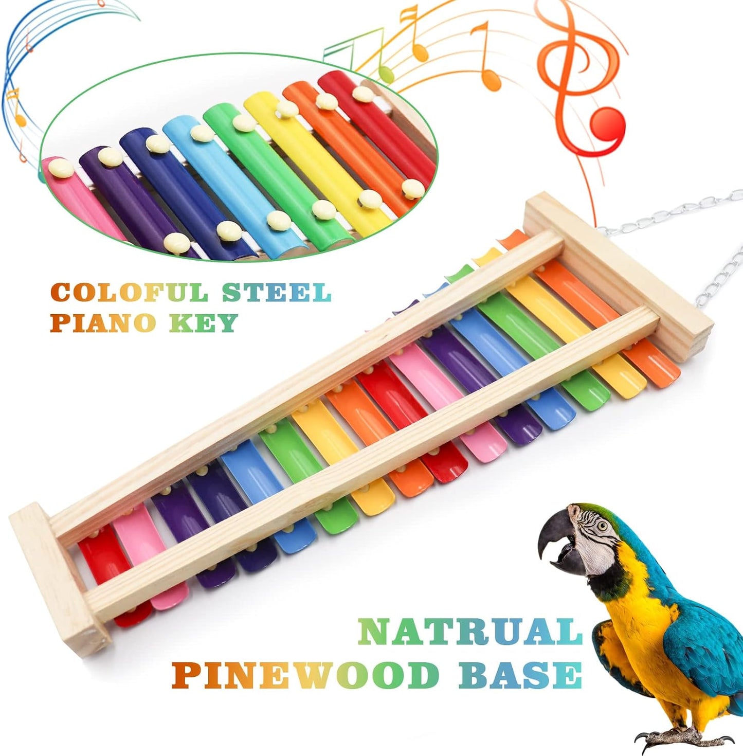 Dnoifne Large Colorful Bird Xylophone, Suspensible Funny Xylophone with 15 Metal Keys, Parrot Parakeet Budgies Love Birds Cage Toy Accessories