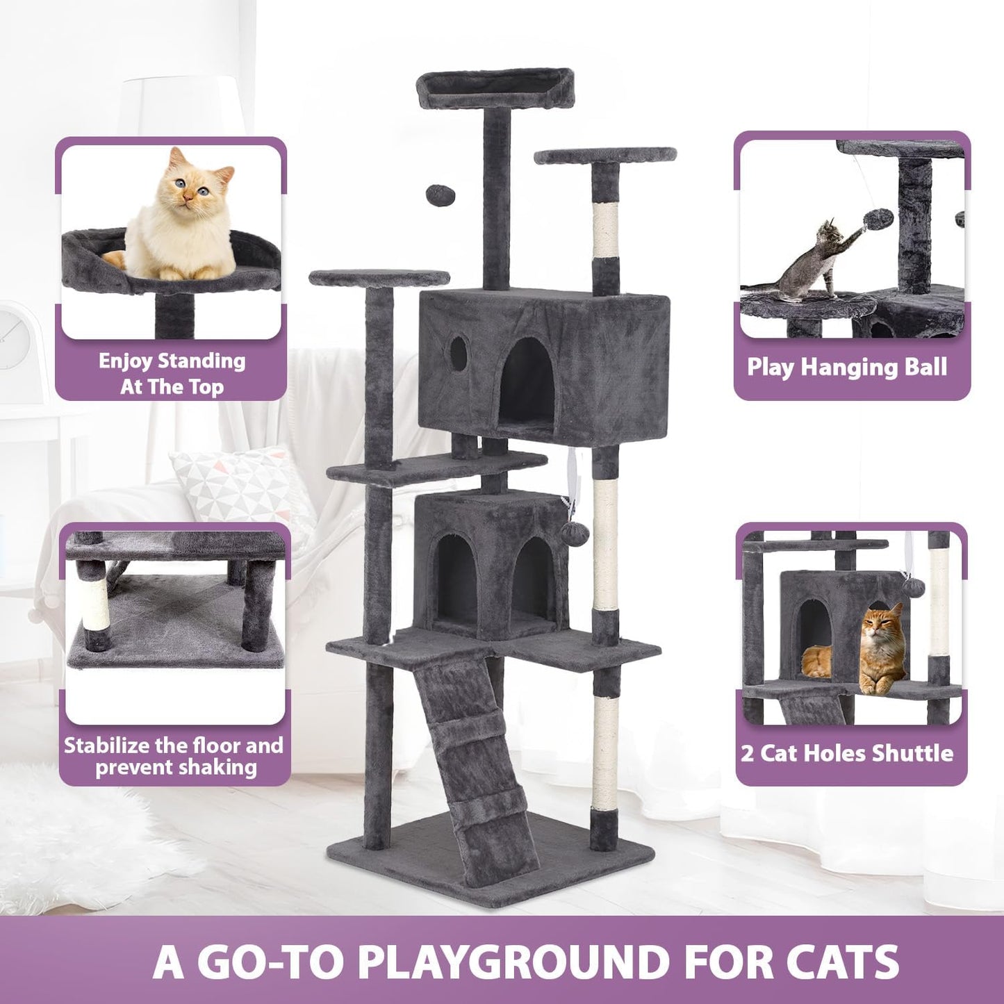 70 inches Cat Tower for Indoor Cats Multi-Level Cat Condos for XL Cat Tree Cat Climbing Tower with Scratching Posts, Hanging Toys,Light Gray