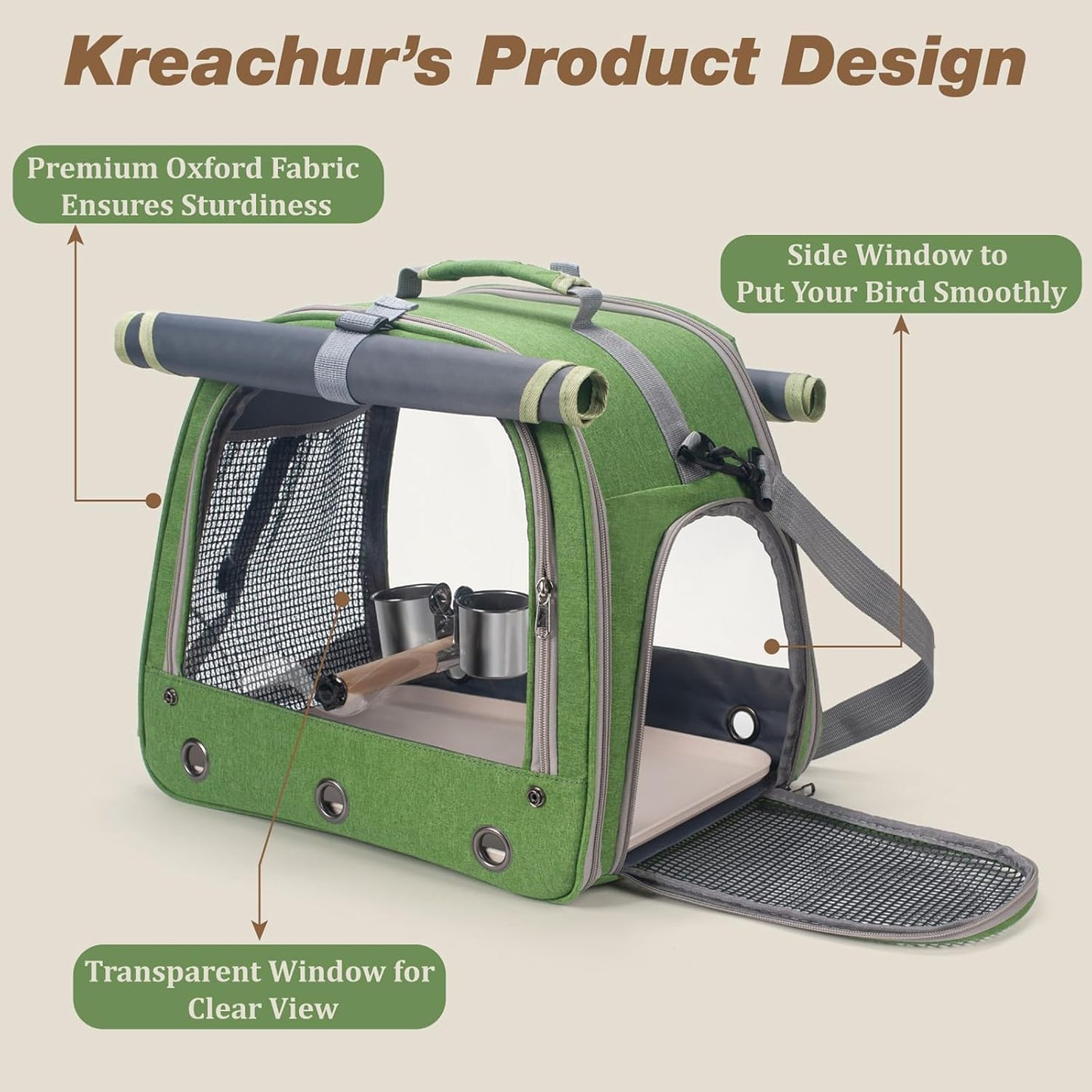 Bird Carrier Parrot Travel Cage with Perch, Food Bowl, Tray and Breathable Clear Window, Bird Travel Bag for African Gray Cockatiel Caique Conure Quaker, for Vetting Camping Hiking (Green)