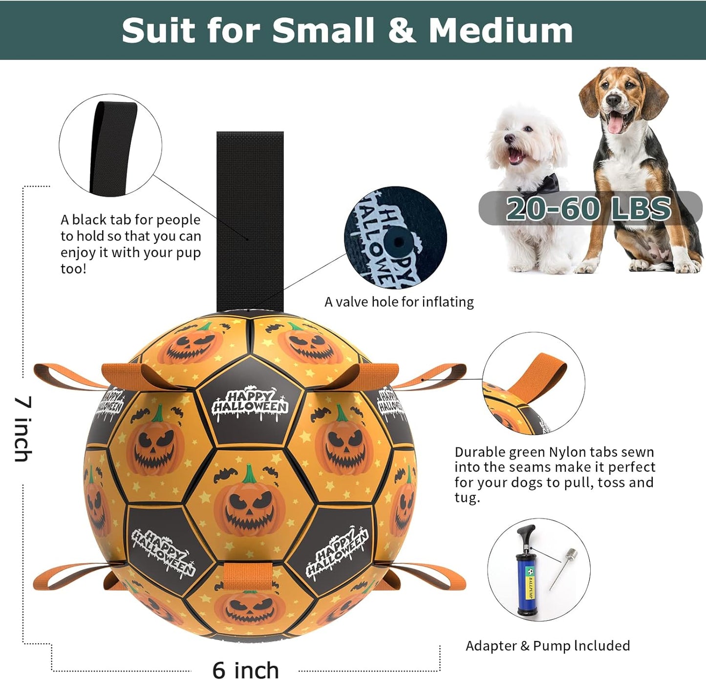 QDAN Halloween Dog Toys, Soccer Balls, Interactive Pet Toys, Puppy Dogs Birthday Gifts, Durable Dog Balls for Small Medium Dogs（6 Inch）