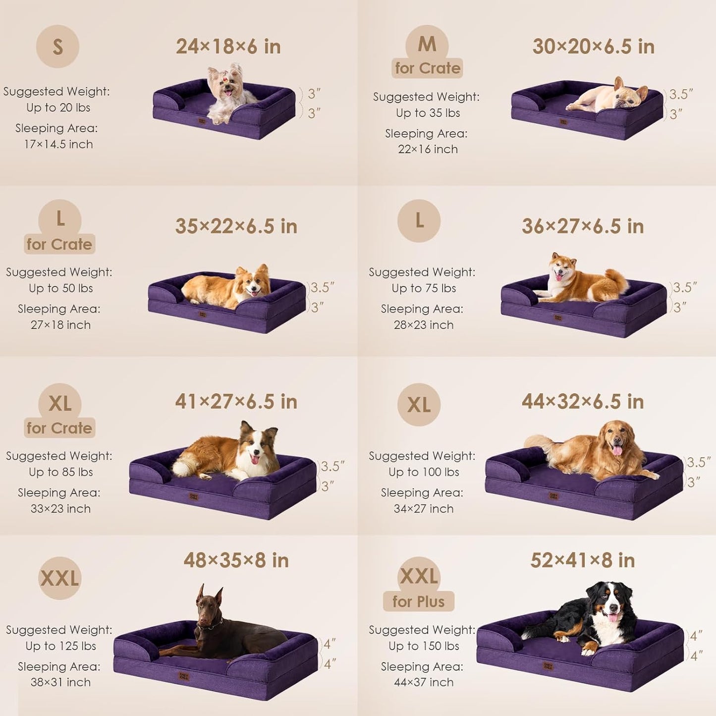 EHEYCIGA Orthopedic Dog Beds for Large Dogs, Waterproof Memory Foam Large Pet Bed with Sides, Non-Slip Bottom and Egg-Crate Foam Dog Couch Bed with Washable Removable Cover, Purple