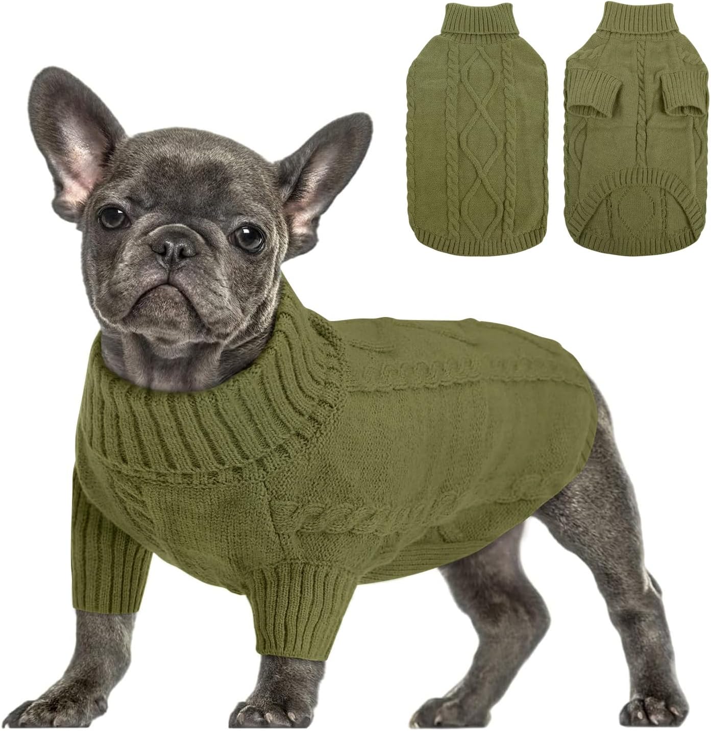 Queenmore Small Dog Pullover Sweater, Cold Weather Cable Knitwear, Classic Turtleneck Thick Warm Clothes for Chihuahua, Bulldog, Dachshund, Pugl,OliveGreen,L