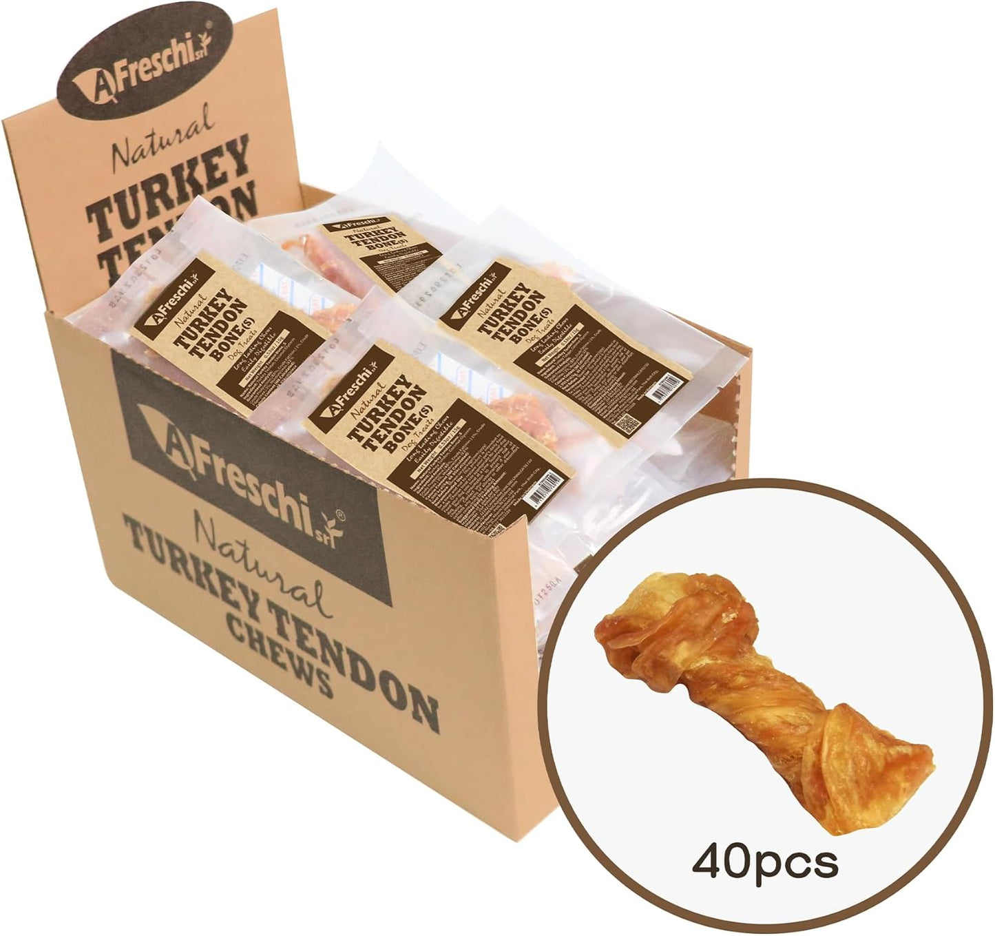 AFreschi Turkey Tendons for Dogs, USA-Sourced, Healthy Dog Treats, Rawhide-Free Puppy Chews, Long Lasting, All Natural, Hypoallergenic Dog Treats for Small Breeds, 40 Count Box Bone (S)