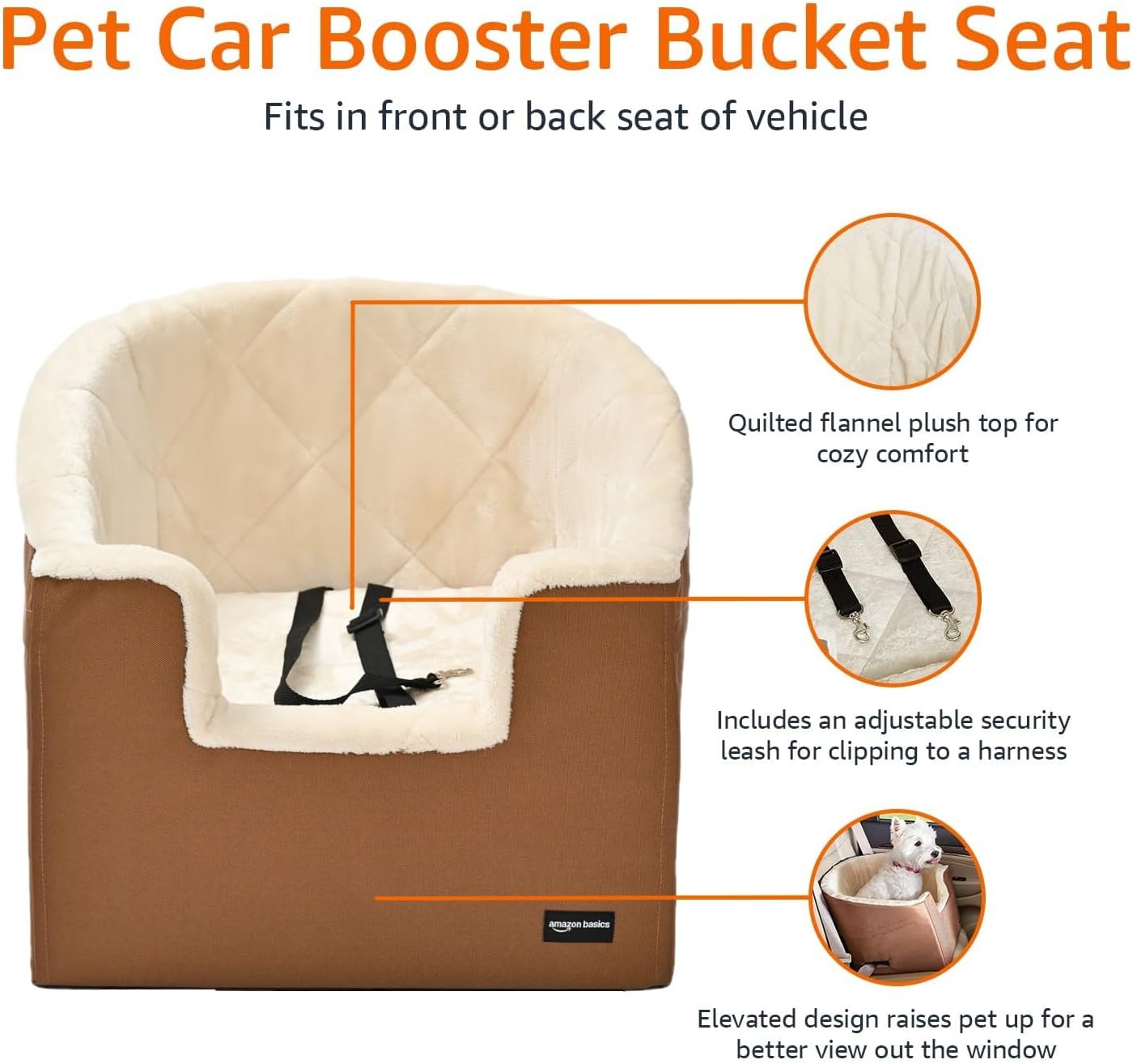 Amazon Basics Pet Car Booster Bucket Seat for Small Pets up to 25lbs, Machine Washable Cover, Clip-On Safety Leash, 18" x 18" x 16", Tan