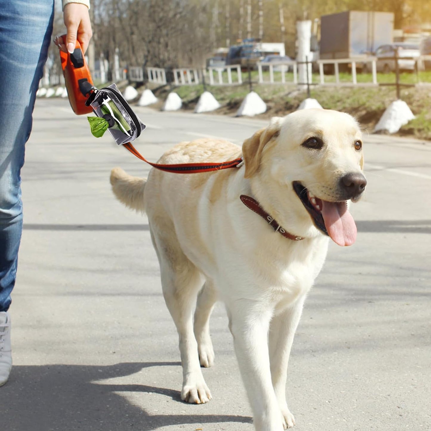 Clear Metal Dog Waste Bag Dispenser & Holder - Portable, 1 Hand Free, Fits Leash Accessory, Set Includes Dog Poop Bags
