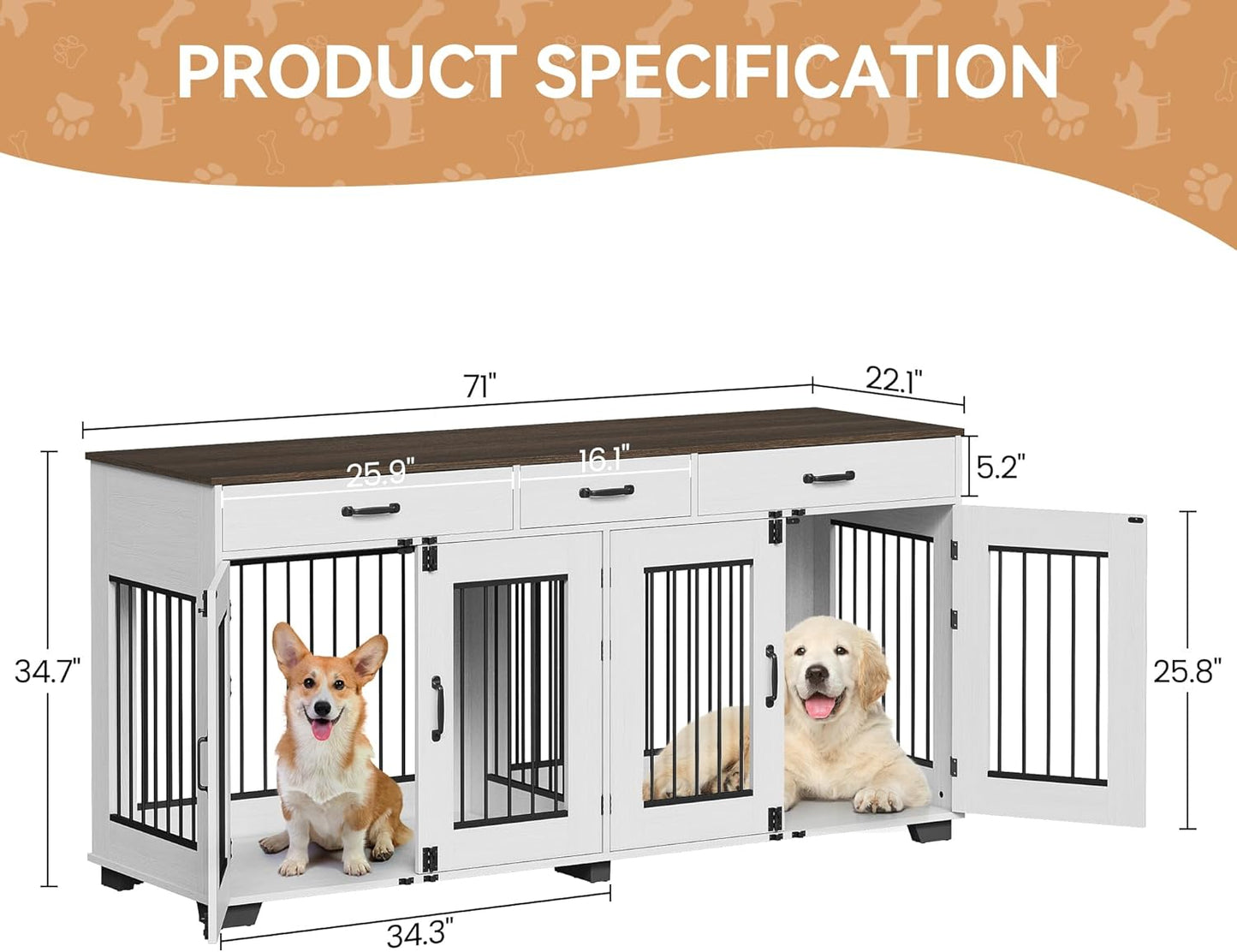 71'' Dog Crate Furniture, Wooden Indoor Dog Kennel for 2 Dogs with 3 Drawers and Removable Room Divider, XXL Double Dog Crate TV Stand End Table with Double Doors for Large Medium Dogs, White