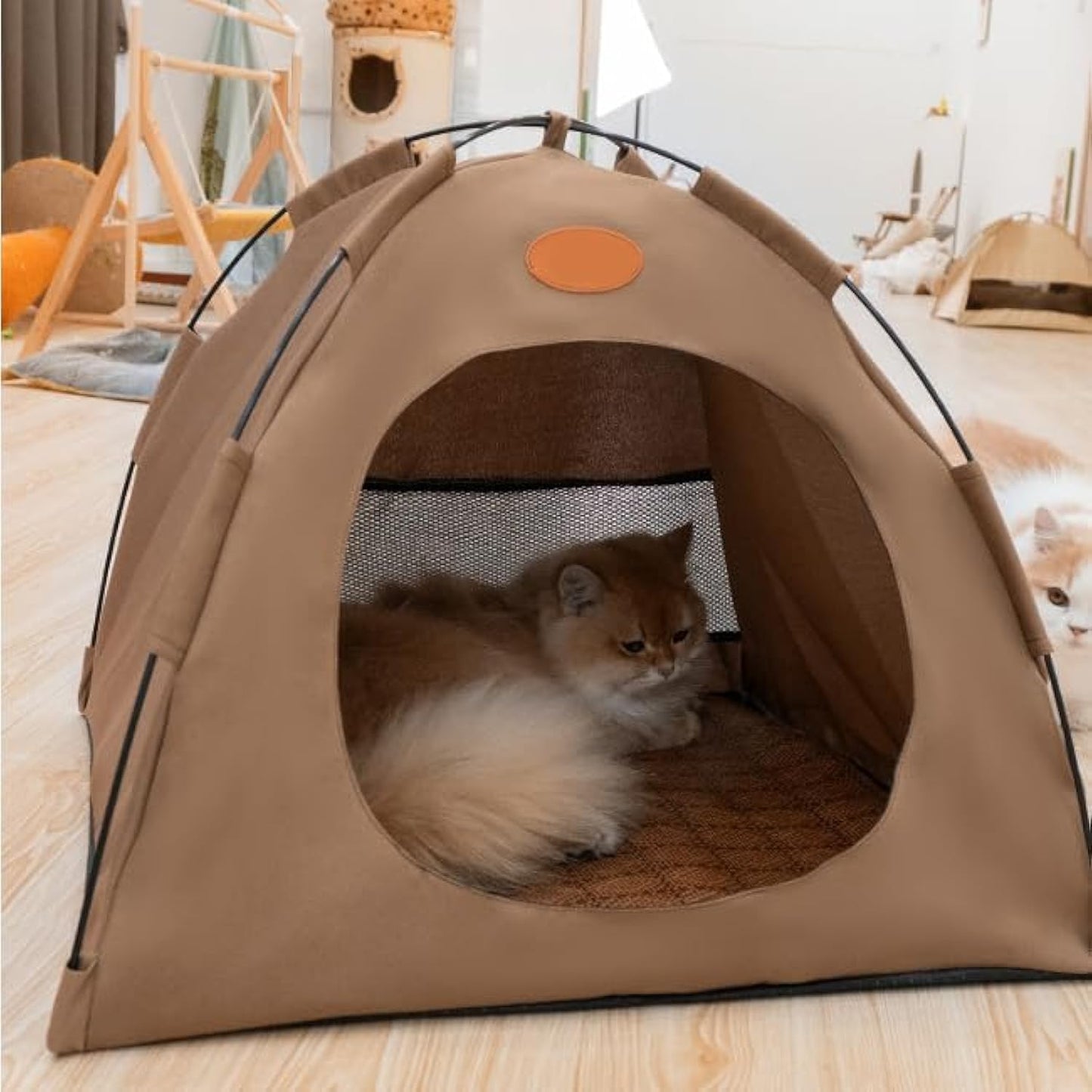 BreezyDen Pop-Up Pet Tent – Portable Indoor/Outdoor Cat Tent, Waterproof Pet Hideaway for Cats & Small Dogs with Mesh Window, Anti-Slip Base & Washable Design (Coffee, L (15 catties Kitten))