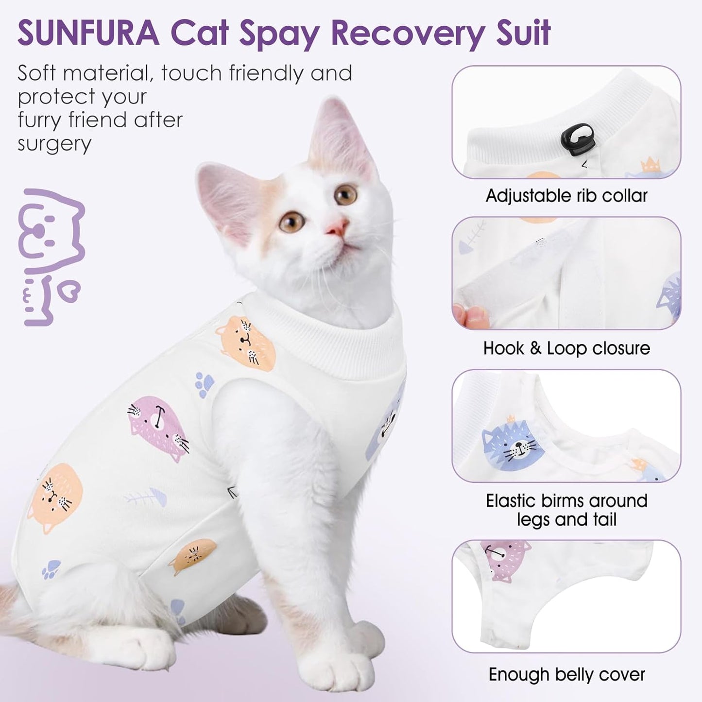 SUNFURA Cat Recovery Suit, Kitten Surgical Full Bodysuit for Abdominal Wound Protector Anti Licking After Surgery, Professional Bandages Cone E-Collar Alternative for Small Male & Female Pets