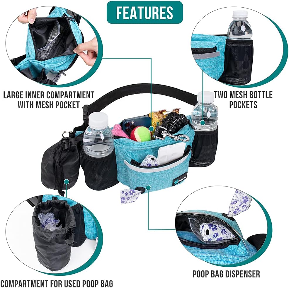 PetAmi Dog Fanny Pack, Treat Pouch for Dog Walking, Training, Built in Poop Bag Dispenser, Water Bottle Holder, Collapsible Bowl, Pet Treat Waist Belt for Hiking, Running, Kibbles (Turquoise)